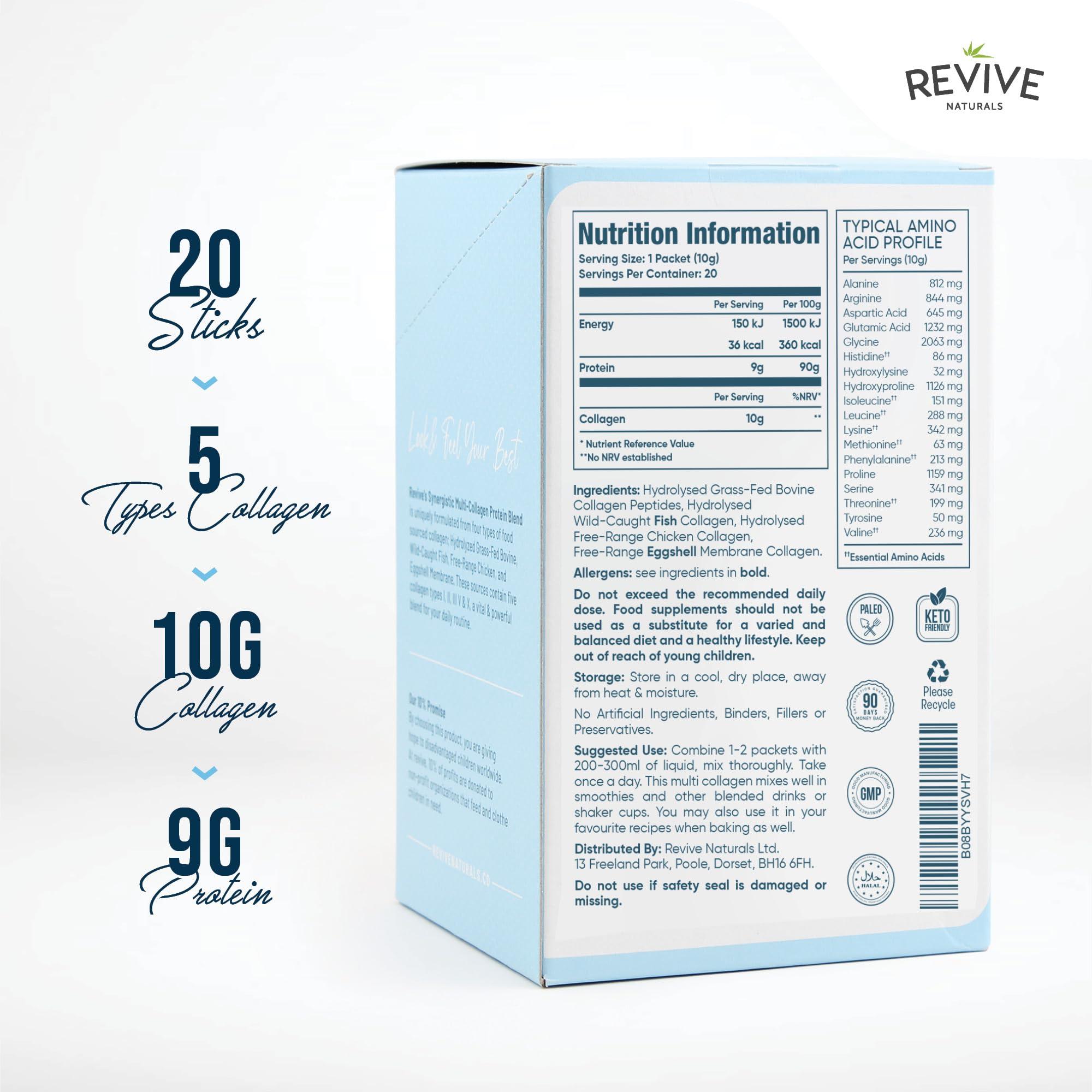 Revive Naturals Multi Collagen Protein Powder Packets - Types I, II, III, V & X - Hydrolyzed Grass Fed Bovine, Wild Caught Fish, & Free-Range Chicken & Eggshell Collagen. Non-GMO, Halal, (10g Each, 20 Packets)