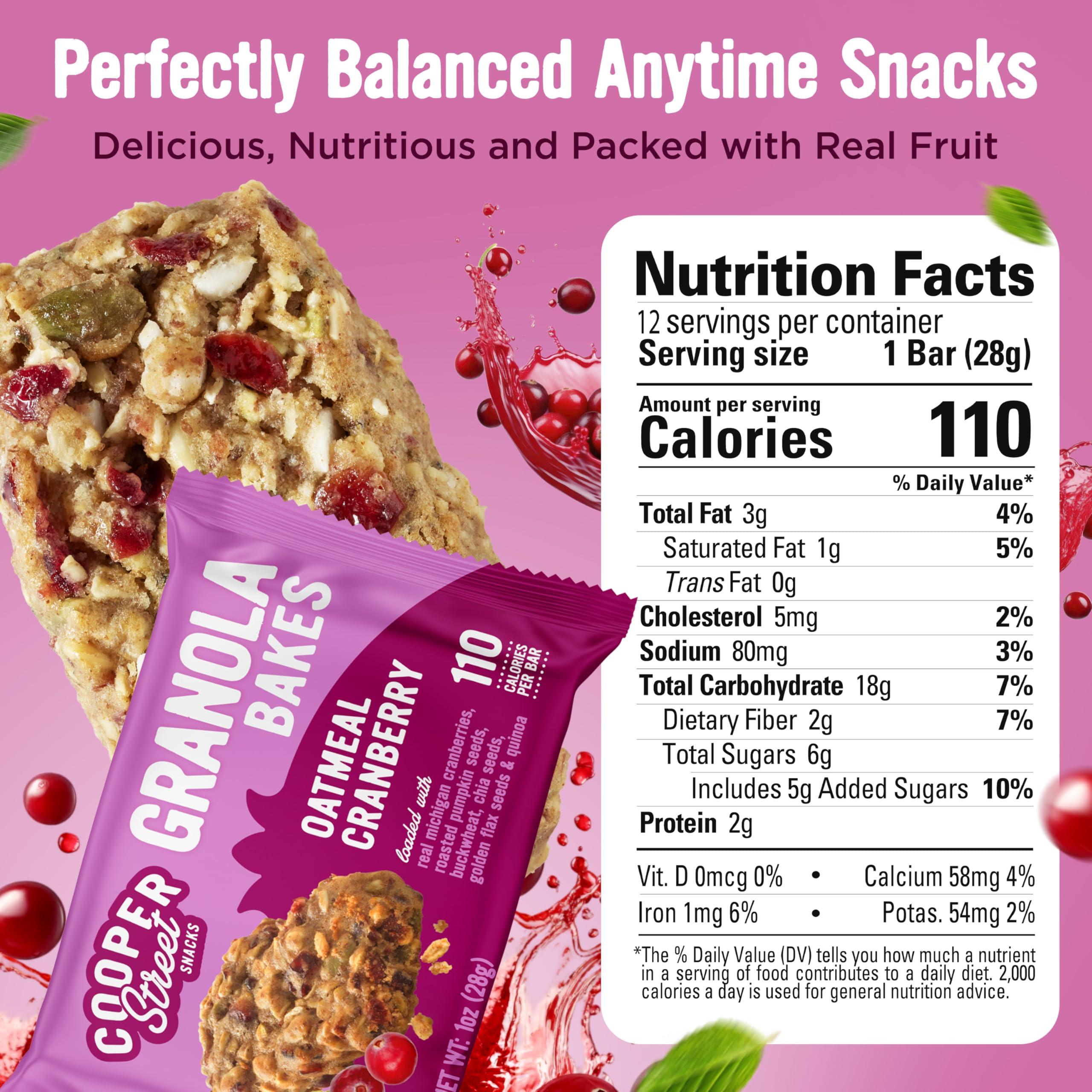 COOPER STREET Cooper Street Granola Bakes - Chewy Breakfast Granola Bars with Chia, Flax, Buckwheat and Oats - Oatmeal Cranberry Individually Wrapped Nut & Dairy Free On-The-Go or School Snacks - 12 Bars, 1oz each