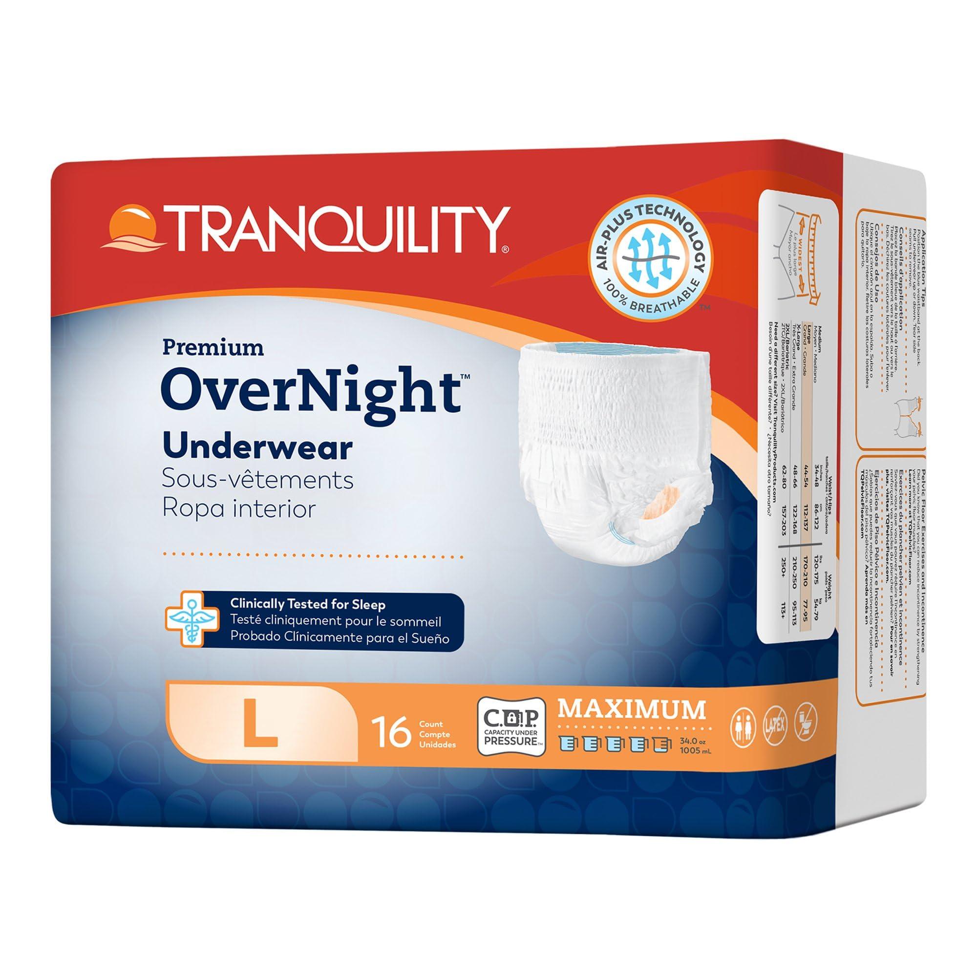 TRANQUILITY Tranquility Premium OverNight Disposable Absorbent Underwear - Maximum Absorbency, All-Night Sleep, Breathable Comfort - 34 oz Capacity, L, 64 Count