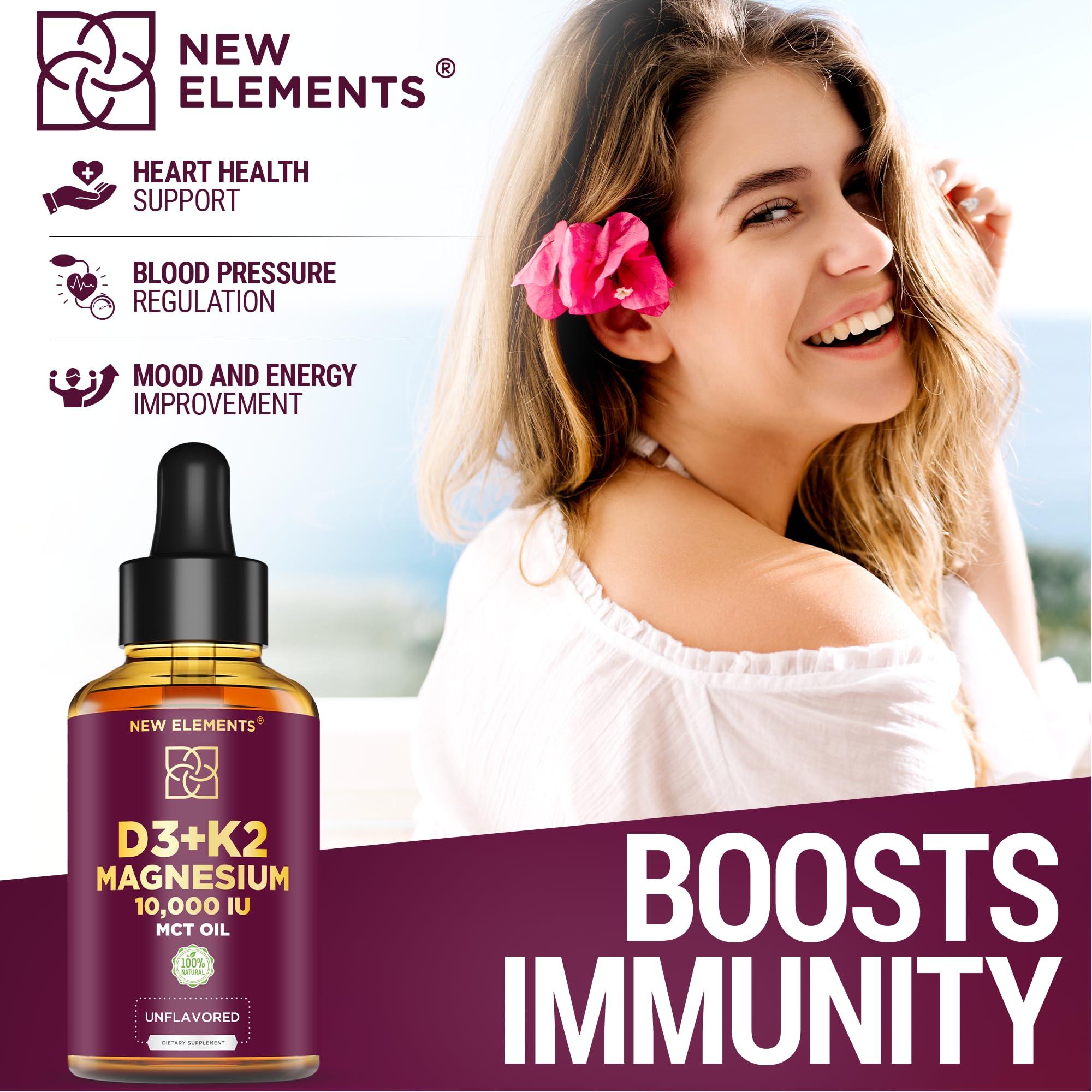 New Elements Liquid Vitamin D3 K2 10000IU with Magnesium Glycinate 5mg | VIT D3 K2 Drops for Adults | Mk7 Vitamin K2 100mcg | Vitamin D3 + K2 Supplement for Men & Women | Gluten Free | Non-GMO