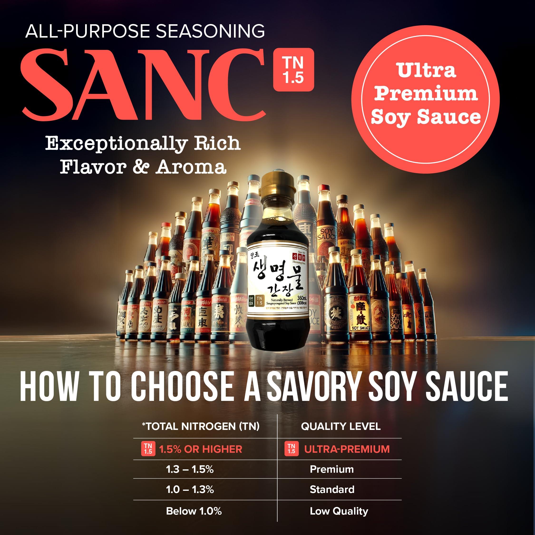 Shinangchon SANC All Purpose Korean Soy Sauce, 12.2 Fl Oz (Pack of 3) A Must-Have for Every Pantry, Low-Sodium Salt Substitute, NON-GMO Bean, No Artificial Additives, Naturally Brewed with Music Fermentation