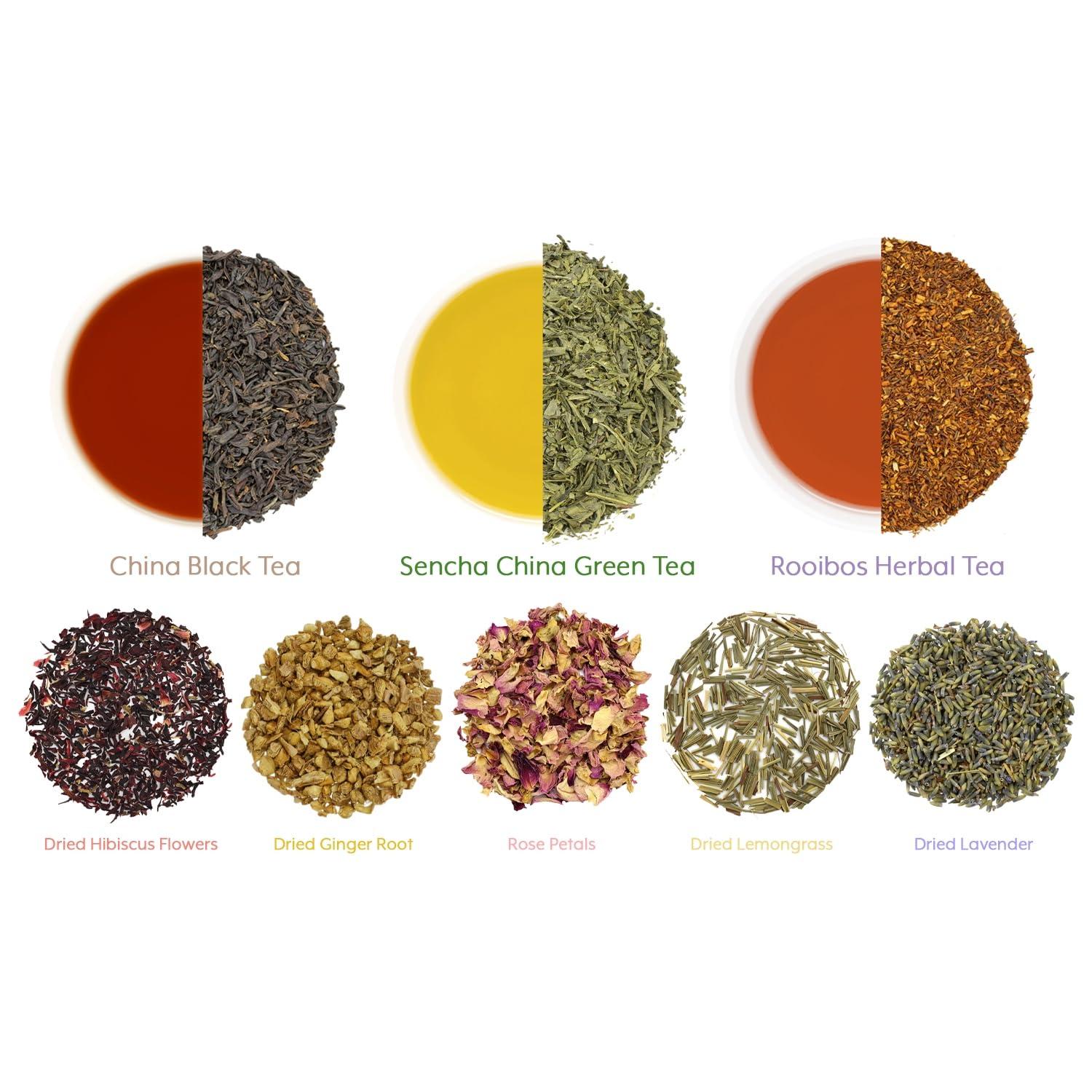 SOLSTICE TEA TRADERS Loose Leaf Tea Sampler Create Your Own Tea Blend Starter Kit w/Sencha, Rooibos, China Black, & Ginger, Lavender, Rose, Lemongrass, Hibiscus Spices