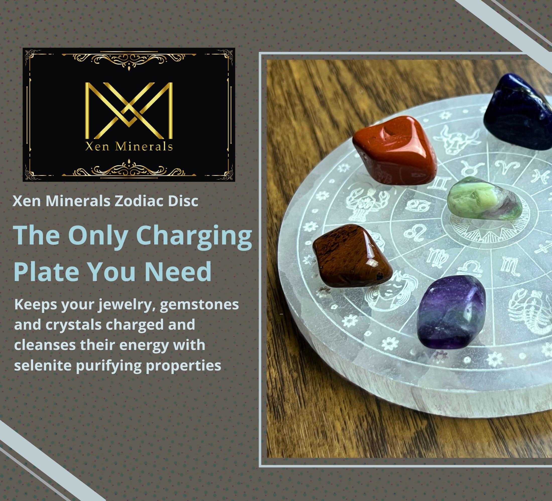 Xen Minerals Xen Minerals Selenite Disk with Zodiac Engraving Crystal Jewelry Charging Plate Tray Coaster Stone, scrying Plates Board for Stones, Crystals Hecate Altar grids and Healing Wicca Slab Wiccan Plate
