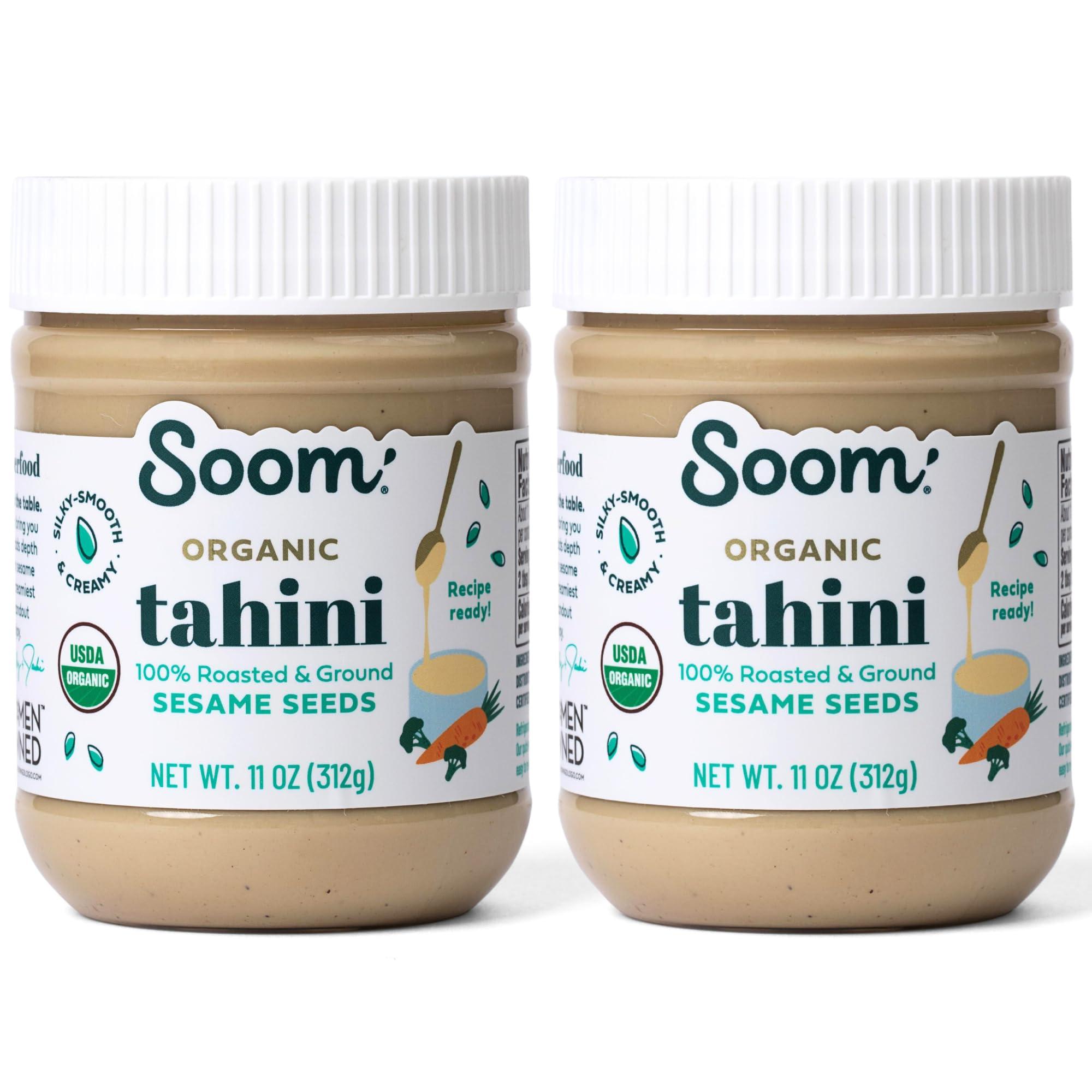 Soom Soom Foods Organic Tahini 11oz (2 Pack) | Roasted & Ground Sesame Seed Paste | Creamy Texture for Hummus, Sauces, Dips, Dressings | Vegan, Peanut-Free, Nut-Free, Gluten-Free, Dairy-Free, Keto, Paleo, Kosher | All-Natural