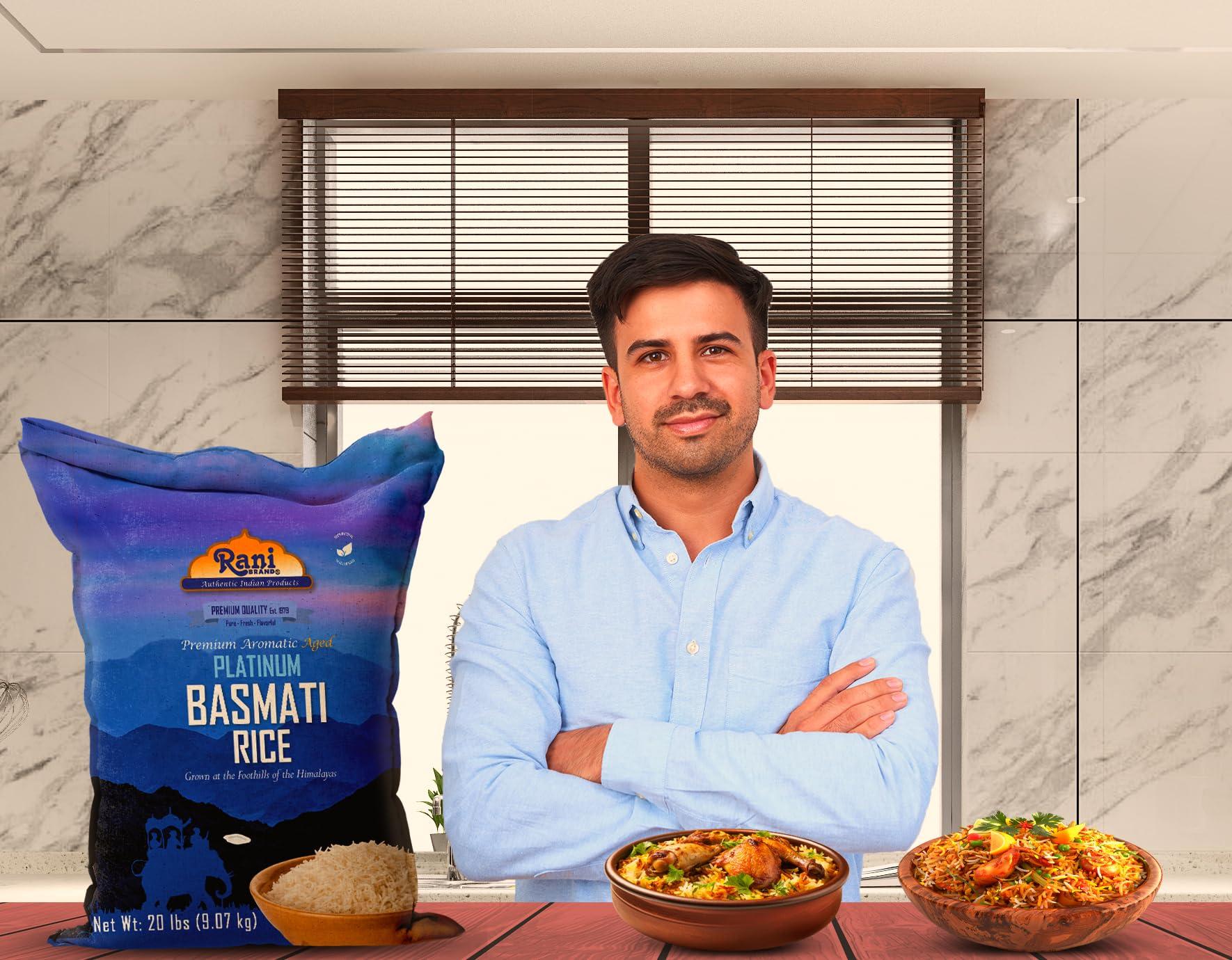 Rani Brand Authentic Indian Products Rani Platinum White Basmati Rice Extra Long Aged 20-Pound Bag, 320oz (20lbs) 9.08kg ~ All Natural | Gluten Friendly | Vegan | Indian Origin | Kosher | Export Quality