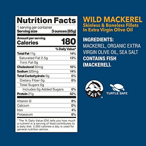 Wild Planet Wild Planet Wild Mackerel Fillets in Organic Extra Virgin Olive Oil, Skinless & Boneless, Tinned Fish, 4.4 Ounce ( Pack of 12)