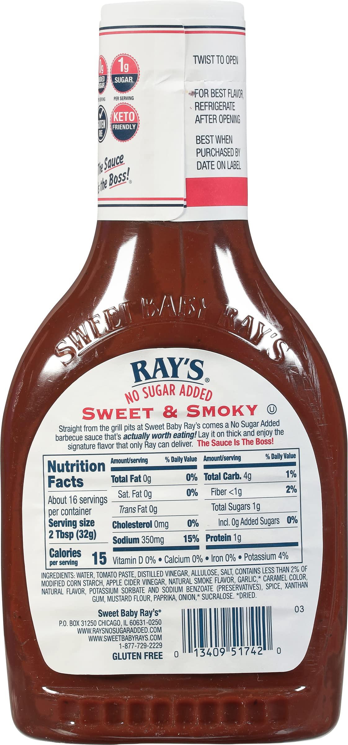 Sweet Baby Ray's Ray's No Sugar Added Sweet & Smoky Barbecue Sauce, 18.5 oz. (Pack of 6)