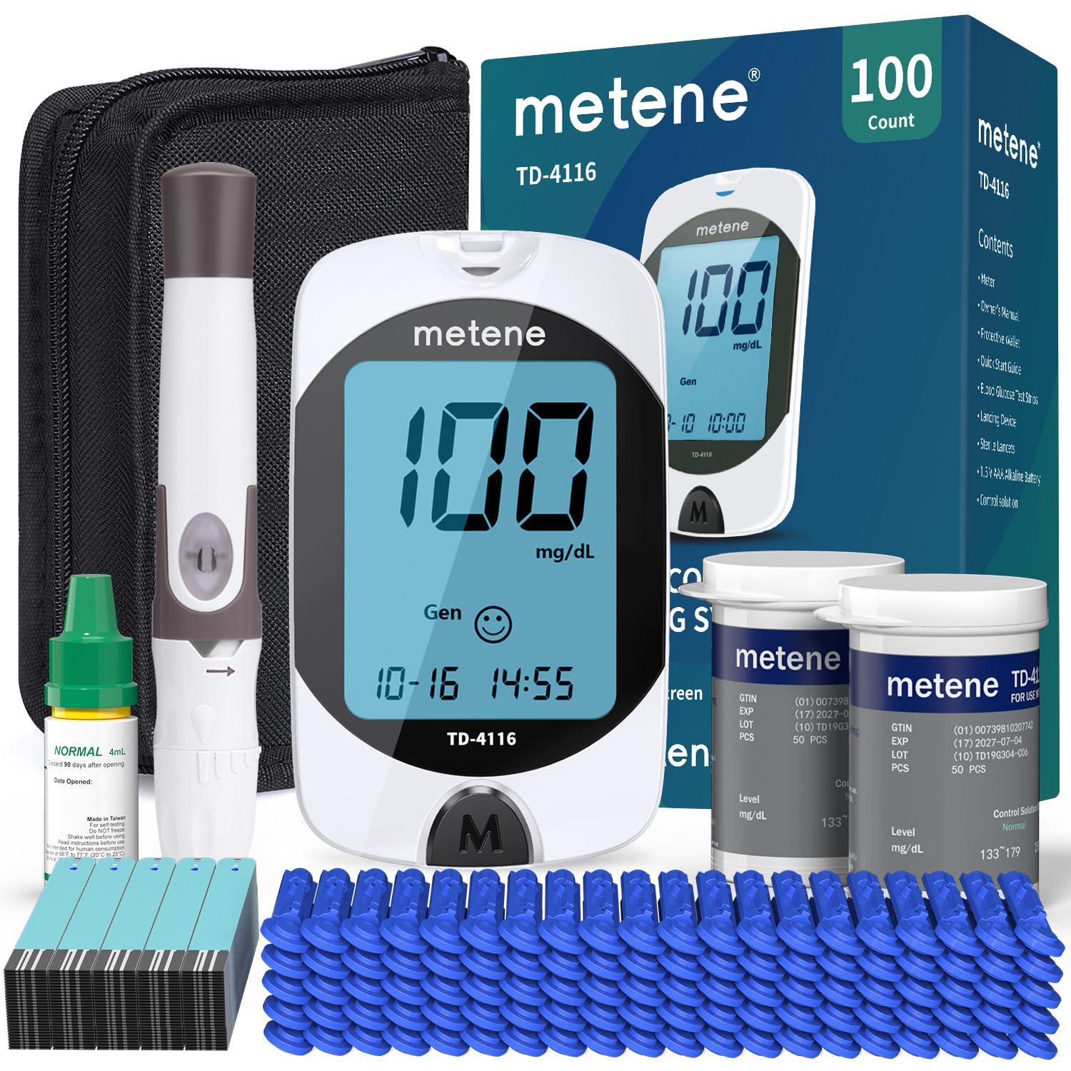 Metene Metene TD-4116 Blood Glucose Monitor Kit, 100 Glucometer Strips, 100 Lancets, 1 Blood Sugar Monitor, Blood Sugar Test Kit with Control Solution, Lancing Device, No Coding, Large Display