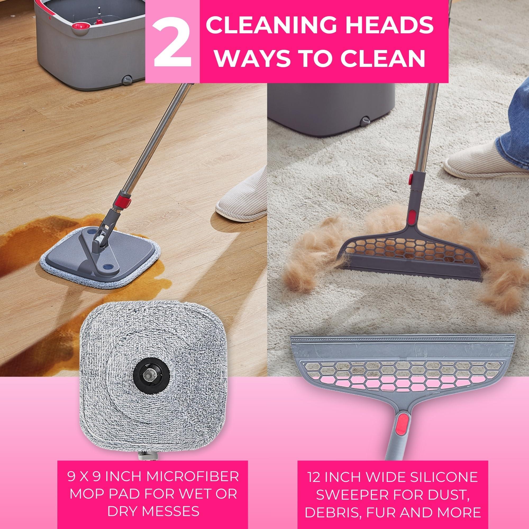 True & Tidy Heavy Duty Square Spin Mop for Floor Cleaning, Separate Compartment for Clean and Dirty Water, Use Any Cleaning Solution, Self Cleaning, Machine Washable Mop Pads