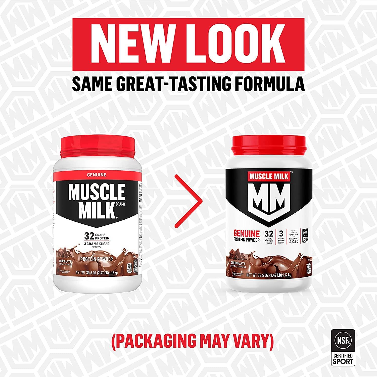 Muscle Milk Muscle Milk Genuine Protein Powder, Natural Chocolate, 2.47 Pound, 16 Servings, 32g Protein, 2g Sugar, Calcium, Vitamins A, C & D, NSF Certified for Sport, Energizing Snack, Packaging May Vary
