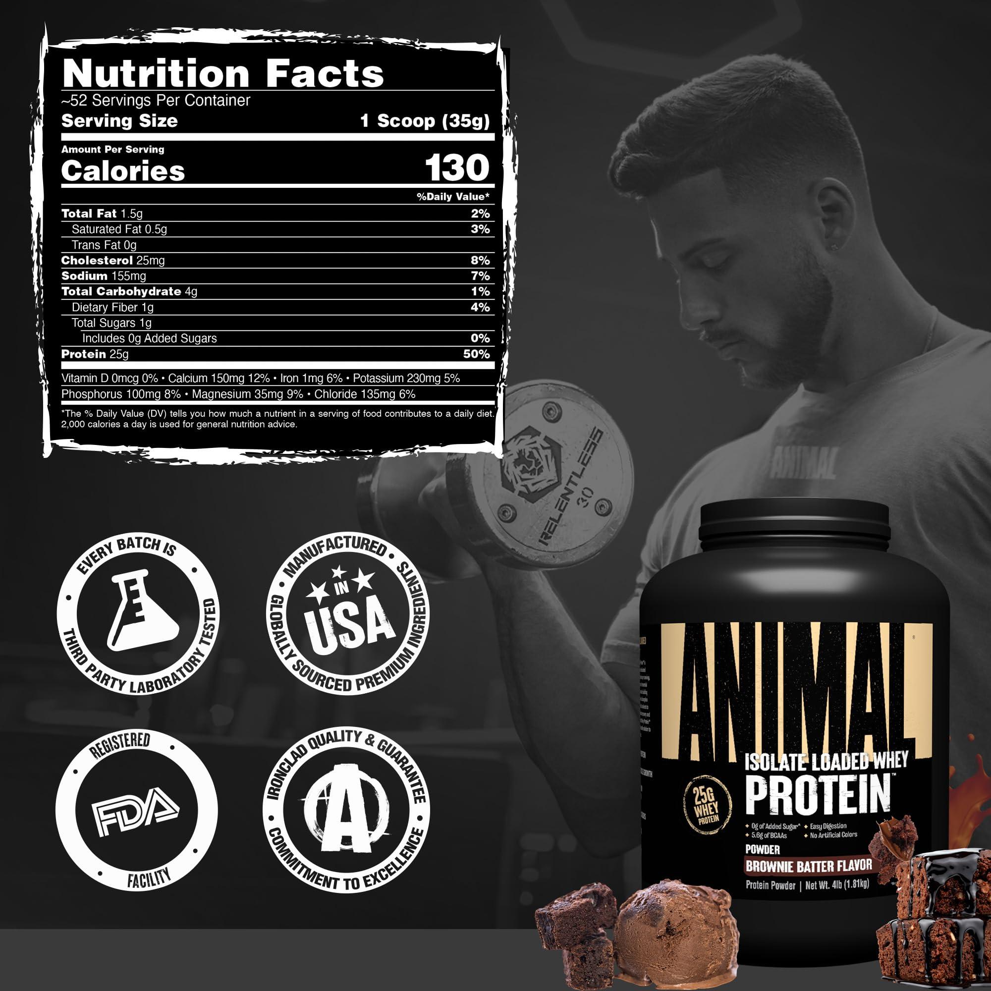 Animal Animal Whey Isolate Protein Powder - Loaded for Pre & Post Workout Muscle Builder and Recovery with Digestive Enzymes for Men & Women - 25g Protein, Great Taste, Low Sugar - Brownie Batter 4 lbs