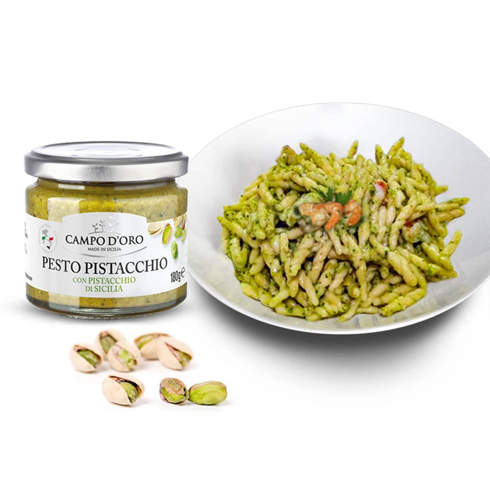 CAMPO D'ORO Pistachio Pesto, Paste, UnSweetened, Sicilian Pesto Sauce, Savory, Creamy, Spreadable, 6.35oz, Sicily, Italy. By Campo D\'Oro