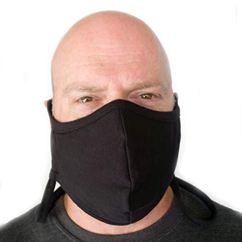 Buttonsmith Buttonsmith Black Adult XL Cotton Adjustable Face Mask with Built-in Lanyard - Quantity 1 - Two Layer Soft T-Shirt Material - Washable - Made in the USA