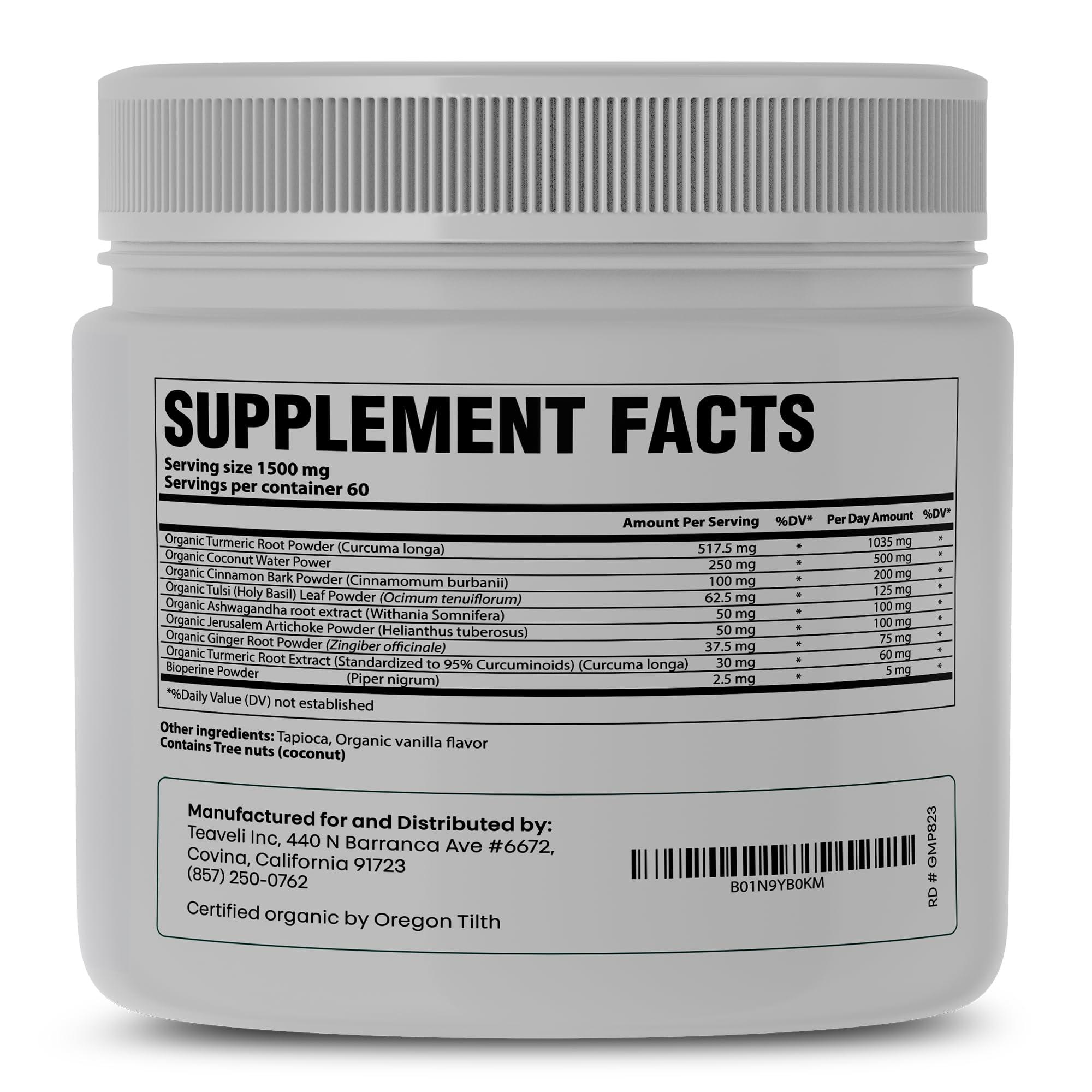 Teaveli Organic Golden Milk Powder (Leche Dorada organica) with Turmeric, Ginger, Curcumin, Cinnamon, KSM66 Ashwagandha, Tulsi & Natural Prebiotics Delicious Vegan-Friendly, Unsweetened Turmeric Tea Latte