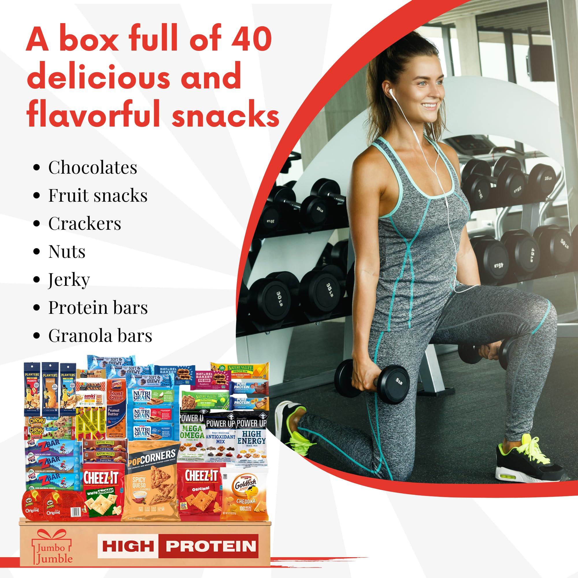 JUMBO JUMBLE Jumbo Jumble Snack Box (40 Count) Protein Gift Care Package Snacks Variety Pack for Adults Teens Kids Men Women College Office Birthday (Protein Set)