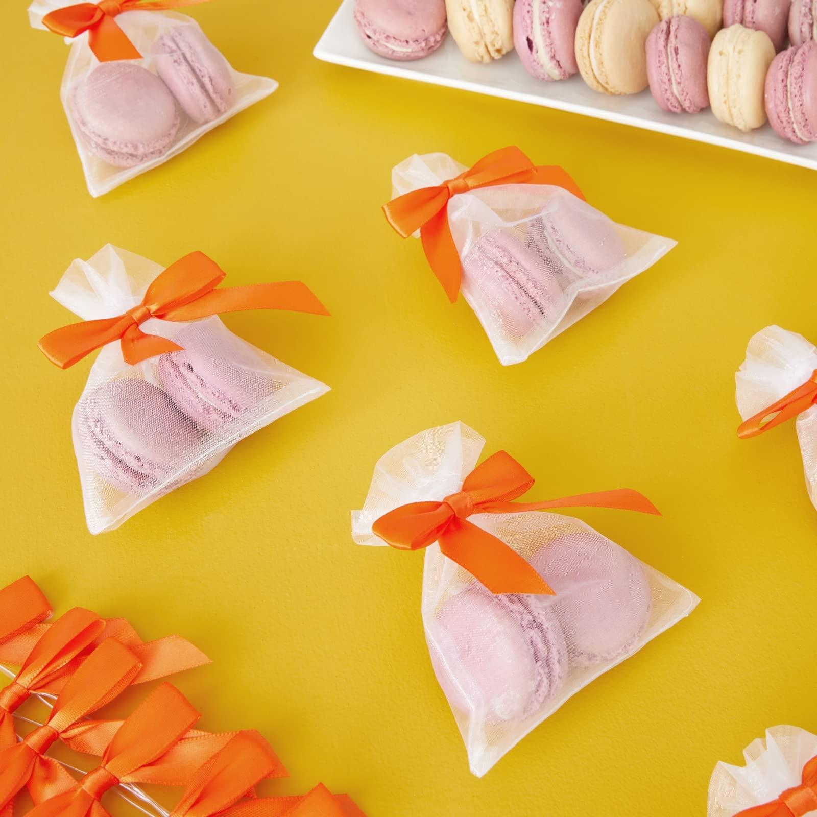 Bright Creations Bright Creations 100 Pack Orange Bow Twist Ties for Treat Bags, 3-Inch Pre-tied Satin Ribbons for Crafts, Gift Wrap, Themed Party Favors, Baked Goods