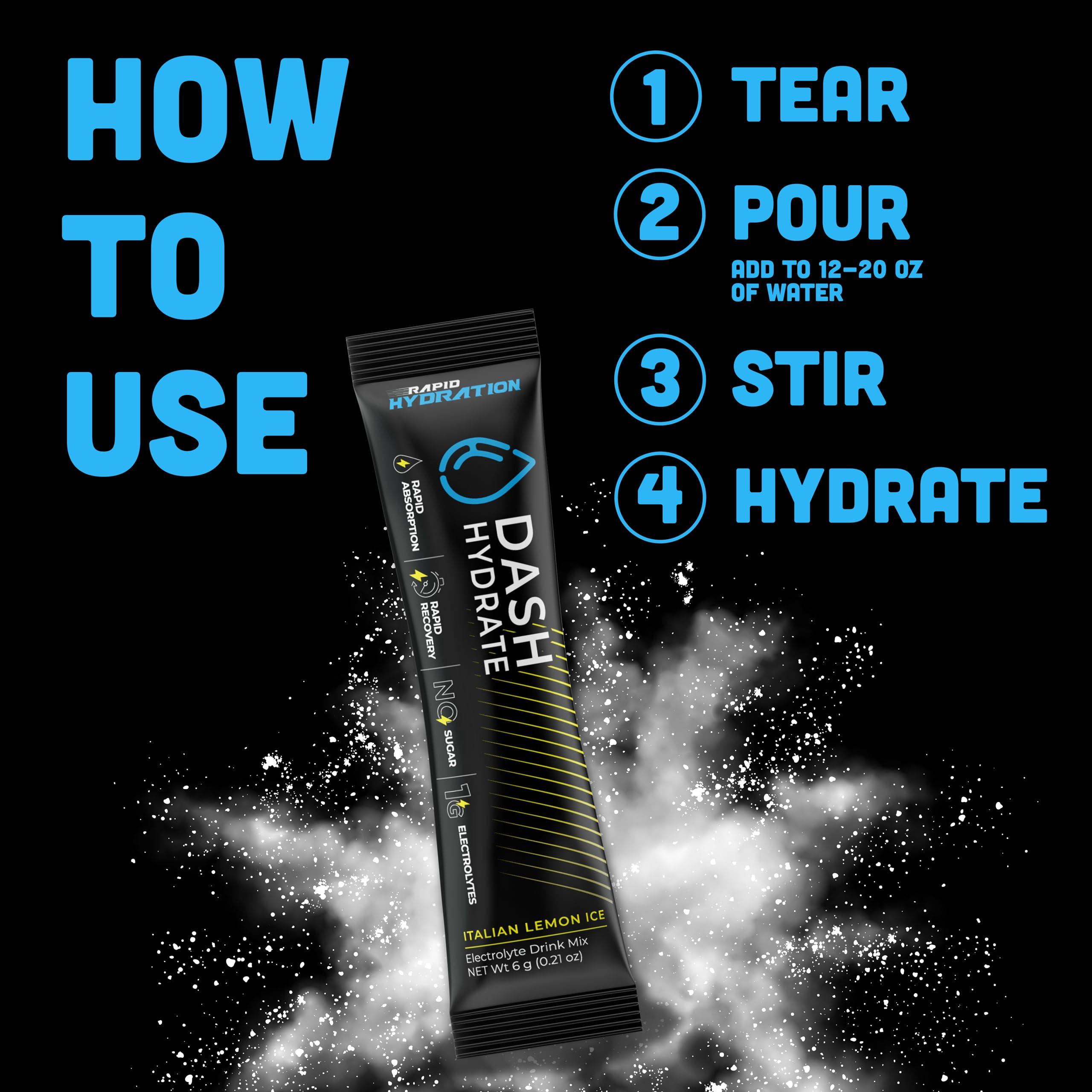 DASH Hydrate Rapid Hydration Electrolyte Drink Mix Packets | Rapid Absorption & Recovery with No Sugar | Variety Pack | 48 ct (16-Italian Ice, 16-Straw and 16-Blue Rasp)