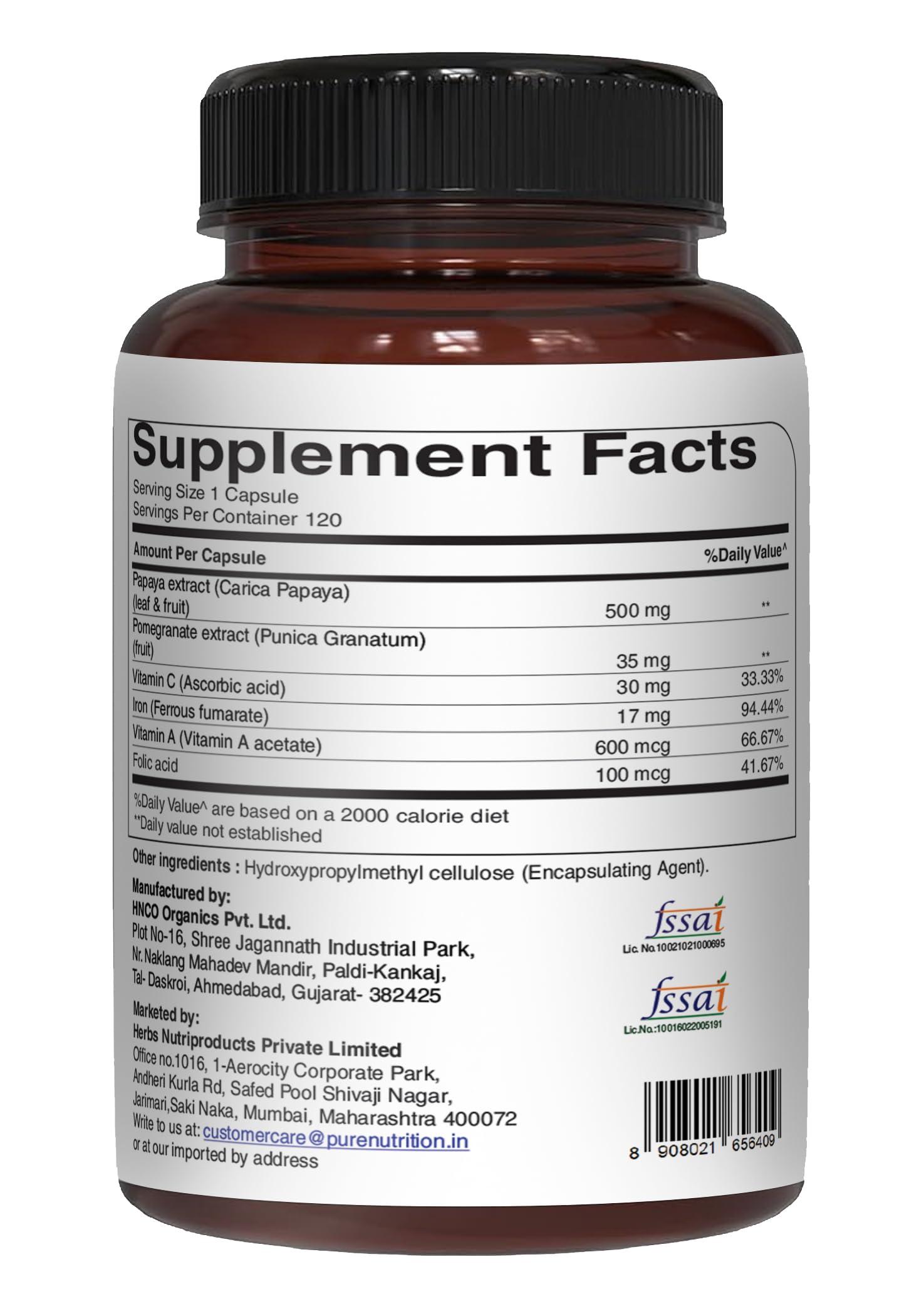 PURE NUTRITION NATURAL TREASURES PURE NUTRITION NATURAL TREASURES Papaya Complete - 120 Veg Capsules. (Supports Platelet Immunity & Digestion) Each Capsule Contains 500mg Carica Papaya Fruit and Leaf Extract | 120 Days Supply