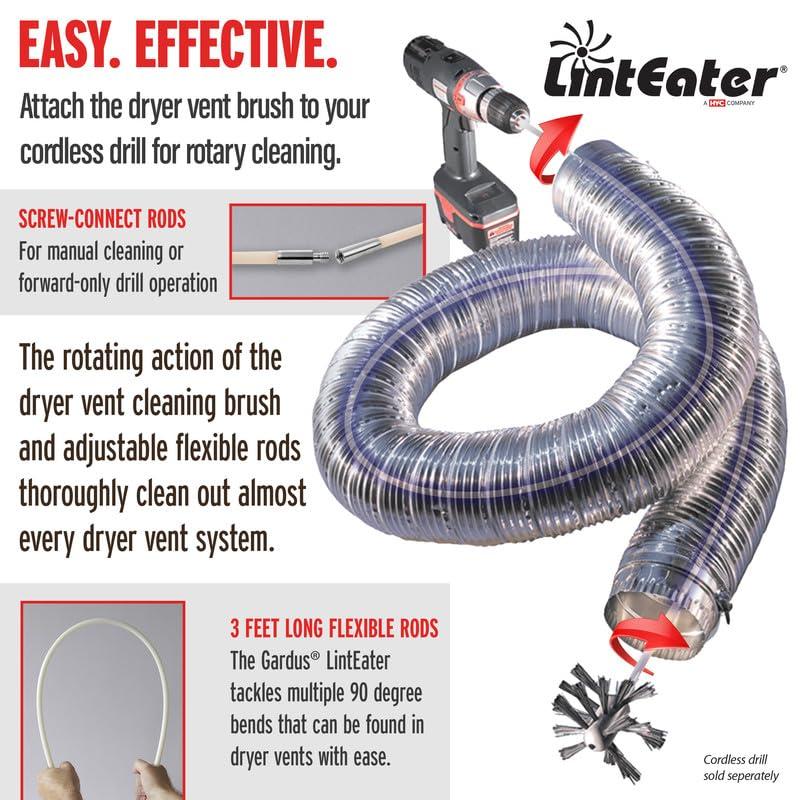 Gardus HY-C Dryer Cleaner Vent Kit - Linteater Rotary Dryer Vent Cleaning Kit, Dryer Vent Cleaning System, Dryer Brush Vent Cleaner, 30 Feet of Extension