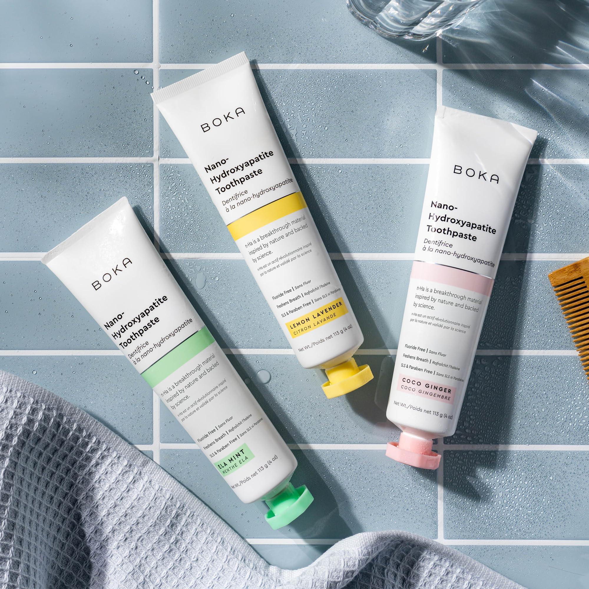 Boka Boka Fluoride Free Toothpaste Nano Hydroxyapatite, Helps Remineralize, Appropriate for Sensitive Teeth, Whitening - for Adult, Kids Oral Care - Ela Mint, Coco Ginger, Lemon Lavender Flavor, 3 Pieces