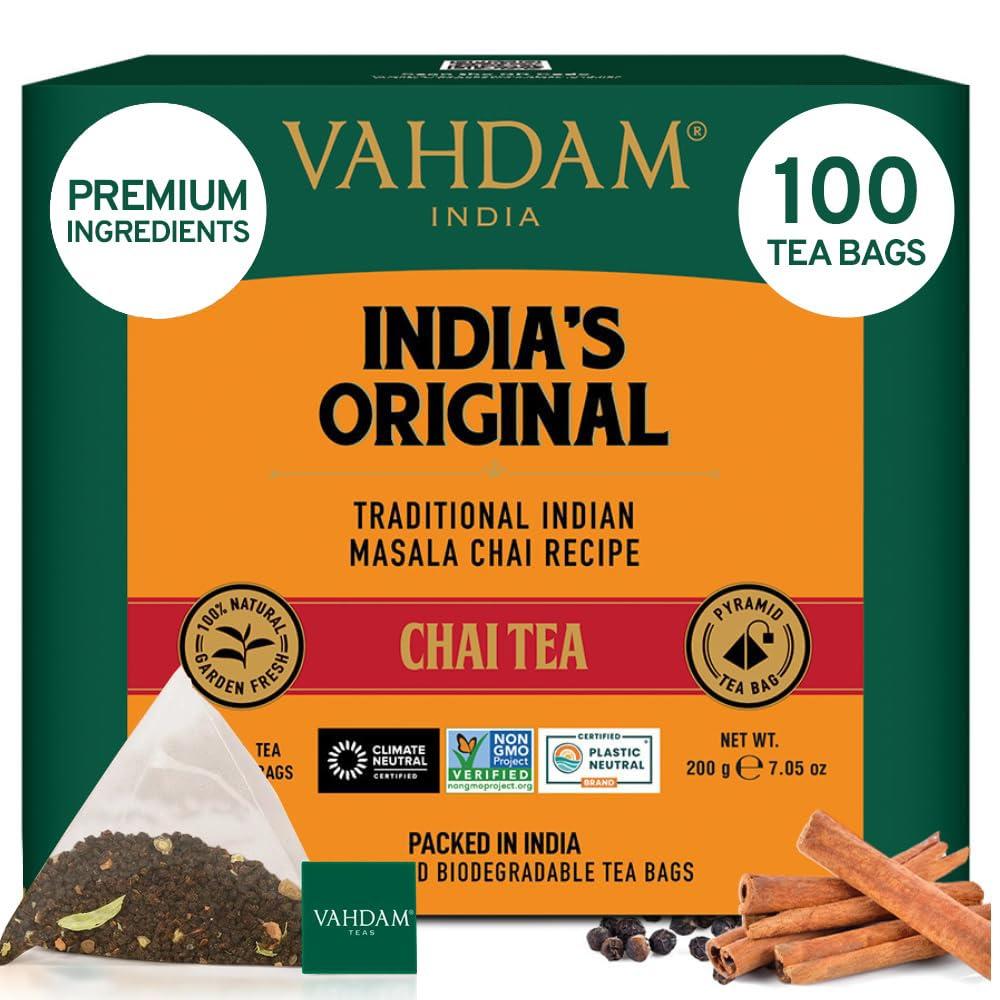 VAHDAM VAHDAM, India\'s Original Masala Chai Tea Bags (100 Count) Non GMO, Gluten Free, No Added Flavoring | Blended w/Exotic Spices | Whole Leaf Tea Bags | Resealable Ziplock Pouch