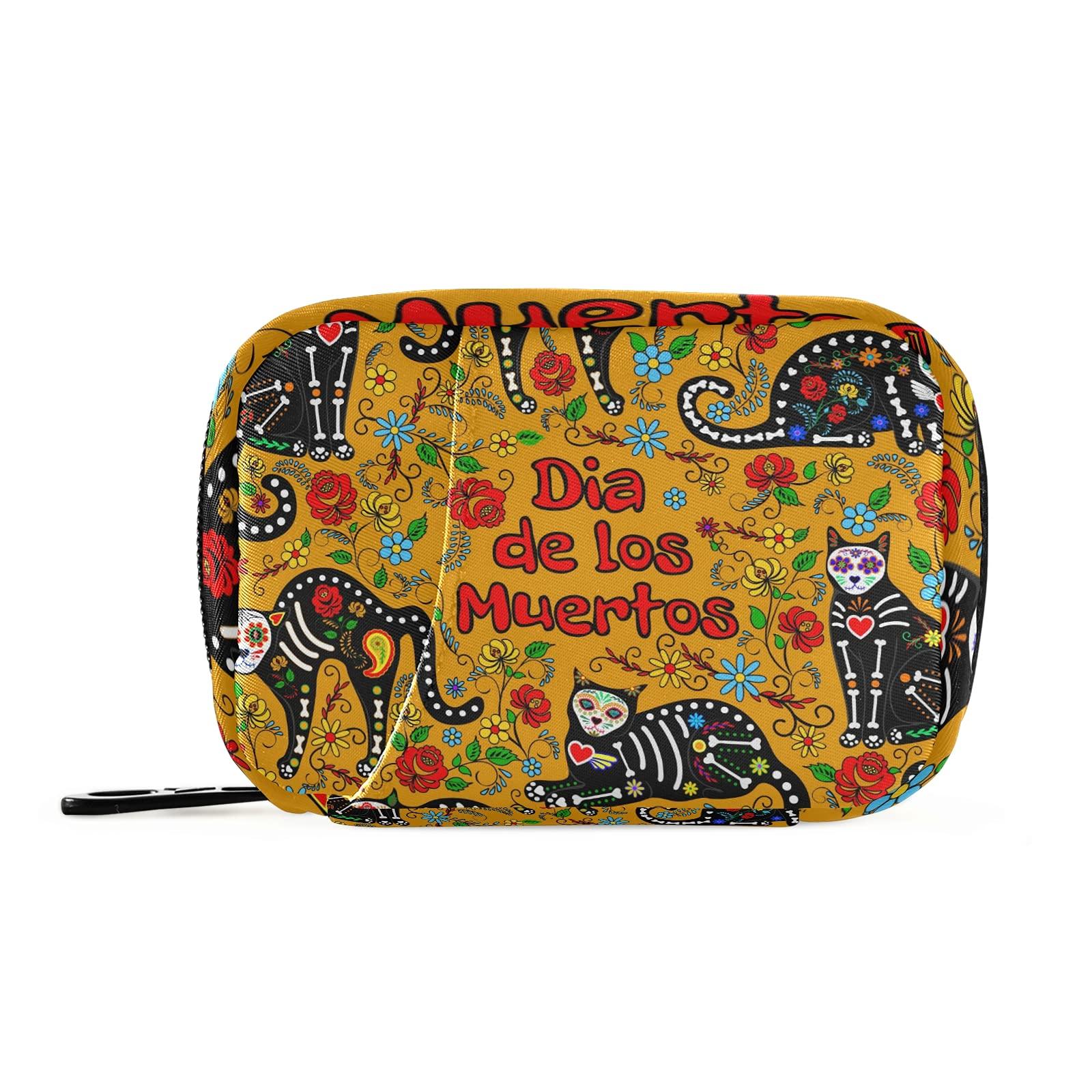 TropicalLife Travel Pill Case Bag Floral Day of The Dead Sugar Skull Cat Weekly Pill Box 8 Compartments 7 Day Individual Pill Case Purse Zippered Medicine Case Organizer