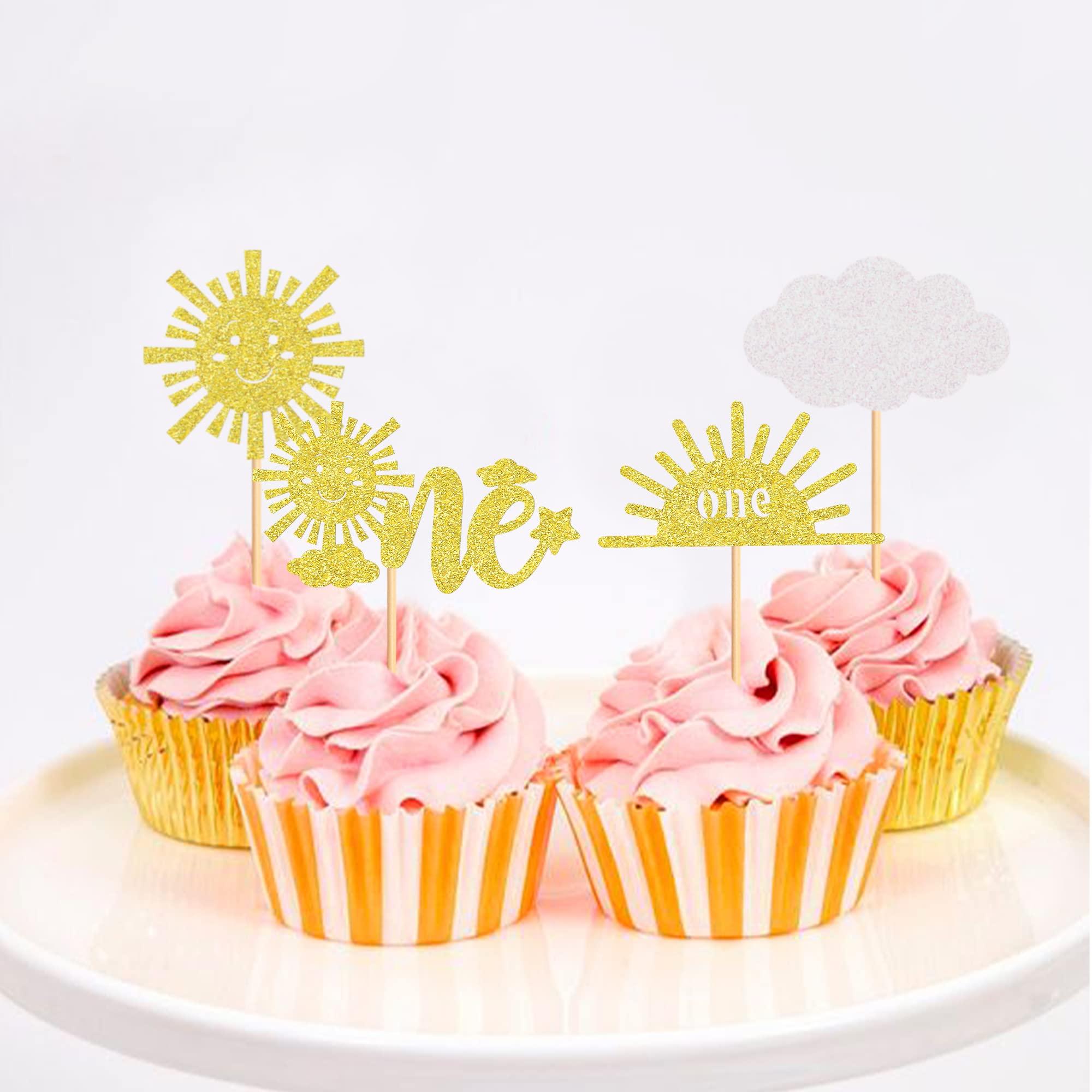 Cyodoos Cyodoos 24Pcs Sunshine One Cupcake Toppers Sun Simle Face Cloud You are My Sunshine First Birthday Cupcake Picks Baby Shower 1st Birthday Party Cake Decorations Supplies - Gold Glitter