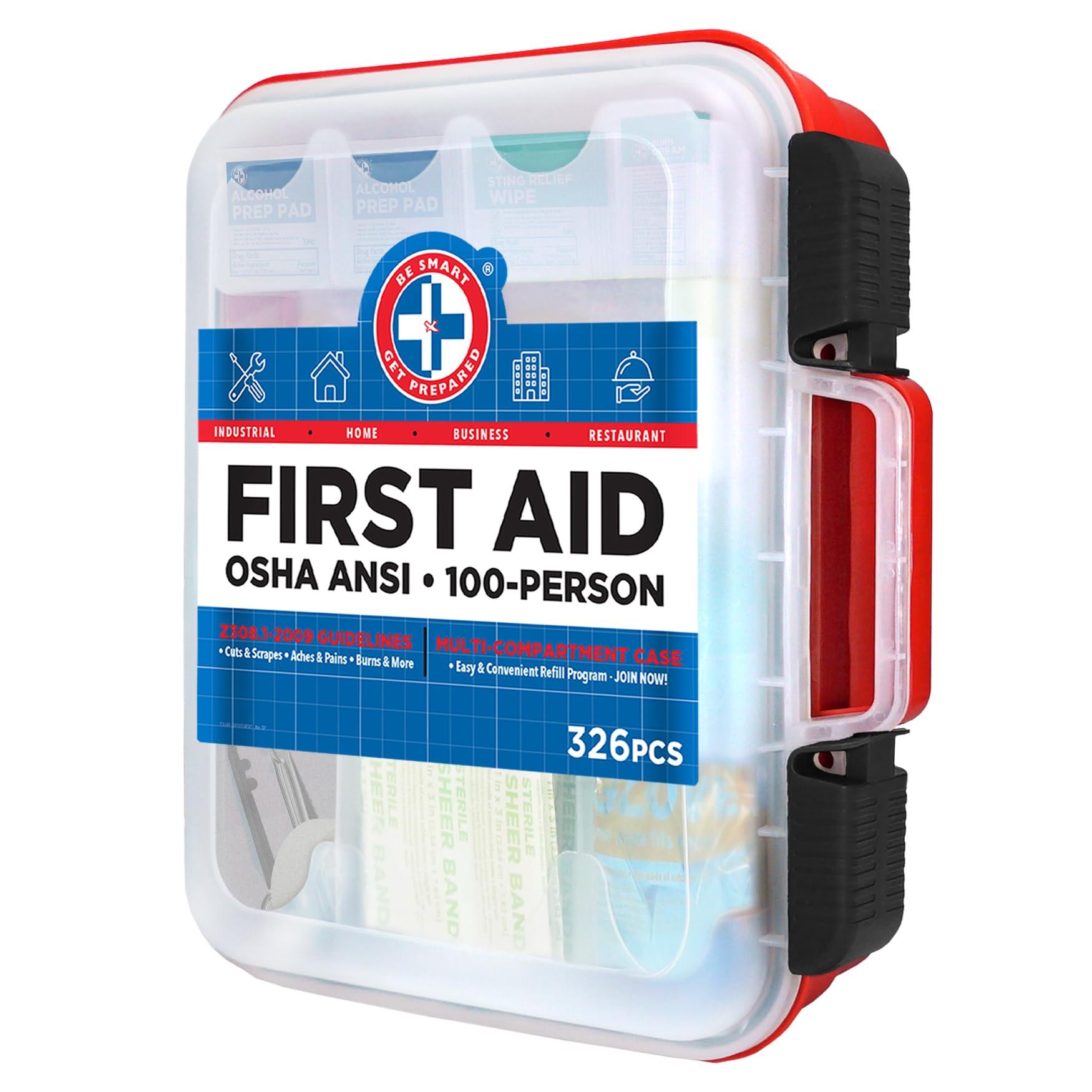 Be Smart Get Prepared Be Smart Get Prepared First Aid Kit Hard Red Case 326 Pieces Exceeds OSHA ANSI Guidelines 100 People. Office, Home, Car, School, Emergency, Survival, Camping, Hunting and Sports, FSA / HSA Approved