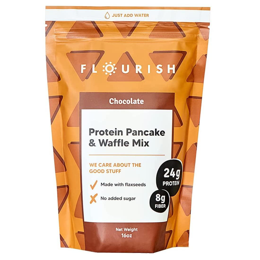 Flourish Flourish - Protein Pancake & Waffle Mix, Whey Protein Isolate & Flax Seed, Non-GMO, No Added Sugar, Superfood, High Protein & Fiber, Just Add Water - Chocolate, 16oz
