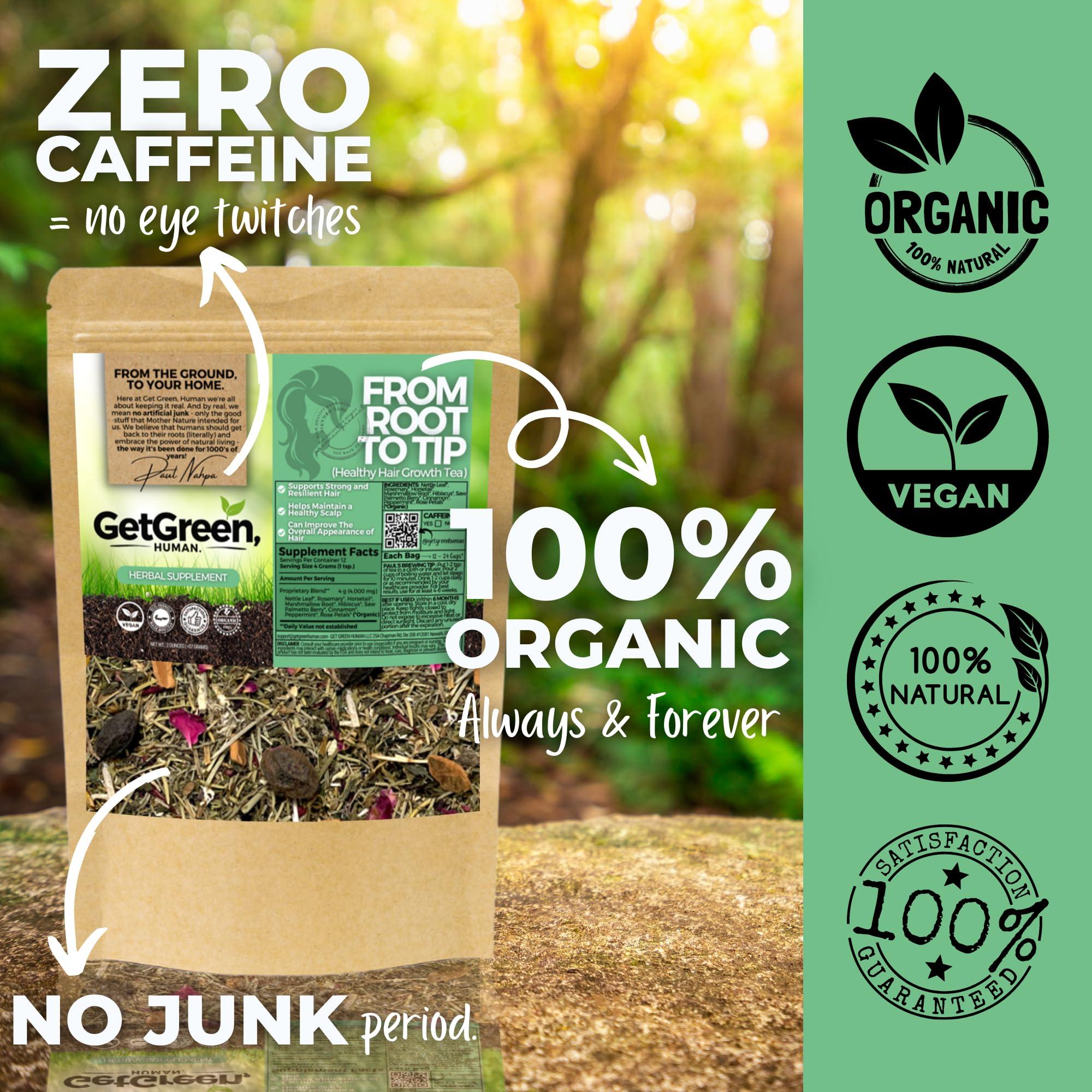 Get Green, Human Healthy Hair Growth Loose Leaves Tea w/ Horsetail, Nettle Leaf, Rosemary For Strong Resilient Hair & Scalp | Organic Herbal Tea | 2 oz (57 gram) | Decaf, Vegan, Healthy, No Caffeine, Herbs, ZERO