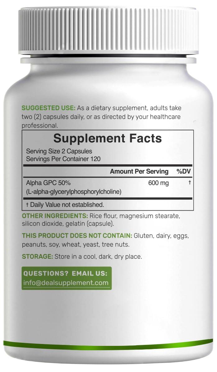 DEAL SUPPLEMENT DEAL SUPPLEMENT Alpha GPC 600mg Per Serving, 240 Capsules Bioavailable Choline Replenishment Nootropic Brain Health Supplements for Memory and Focus Non-GMO, Gluten Free