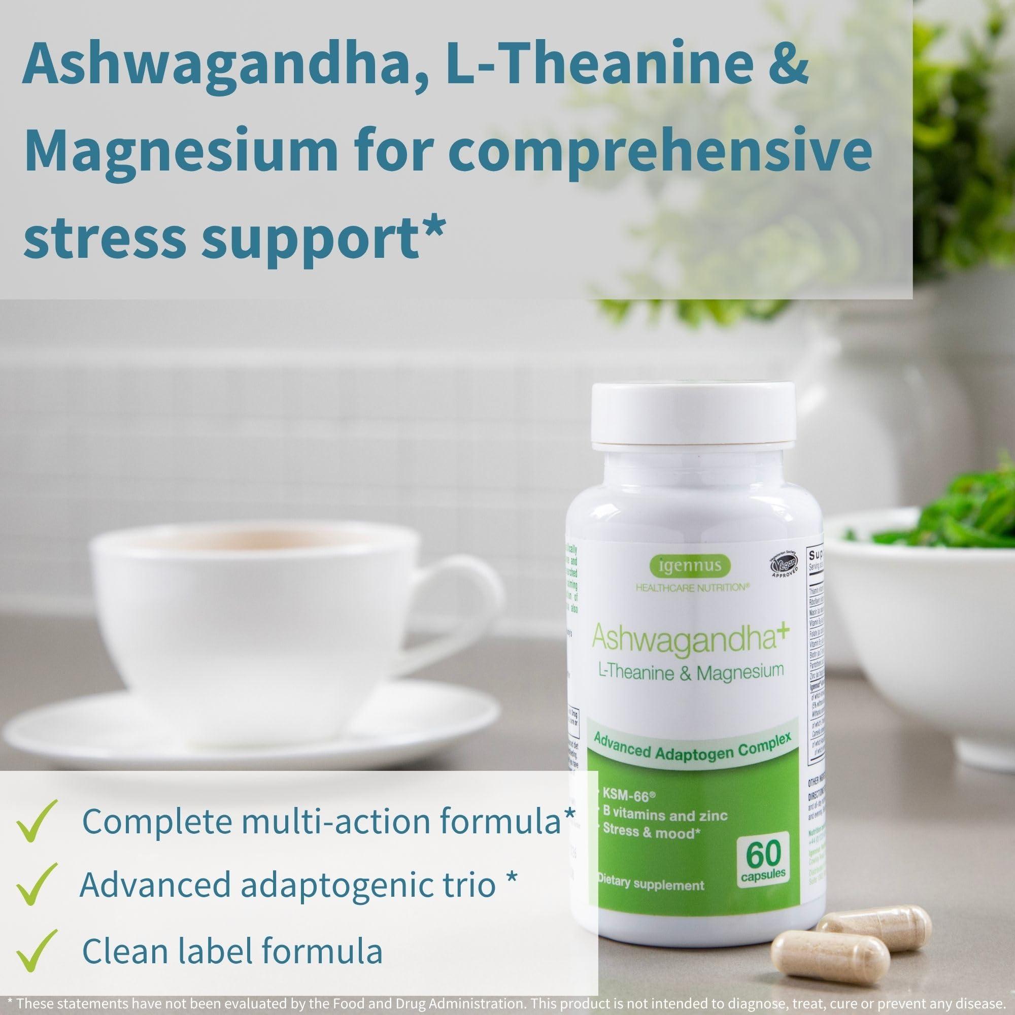 Igennus Healthcare Nutrition Igennus Advanced Ashwagandha KSM-66, L-Theanine & Magnesium, Clean Label, Multi Action Adaptogen Complex for Stress Support with Zinc & B Vitamins, 60 Vegan Capsules