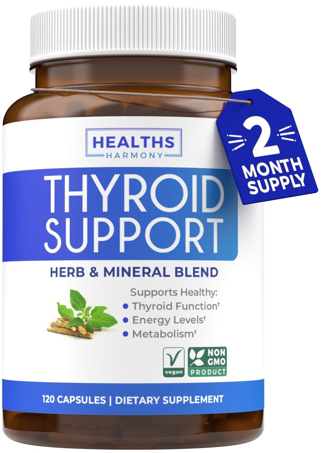 Healths Harmony Thyroid Support with Iodine - 120 Capsules (Non-GMO) Improve Your Energy - Ashwagandha Root, Zinc, Selenium, Vitamin B12 Complex - Thyroid Health Supplement for Women and for Men - 60 Day Supply