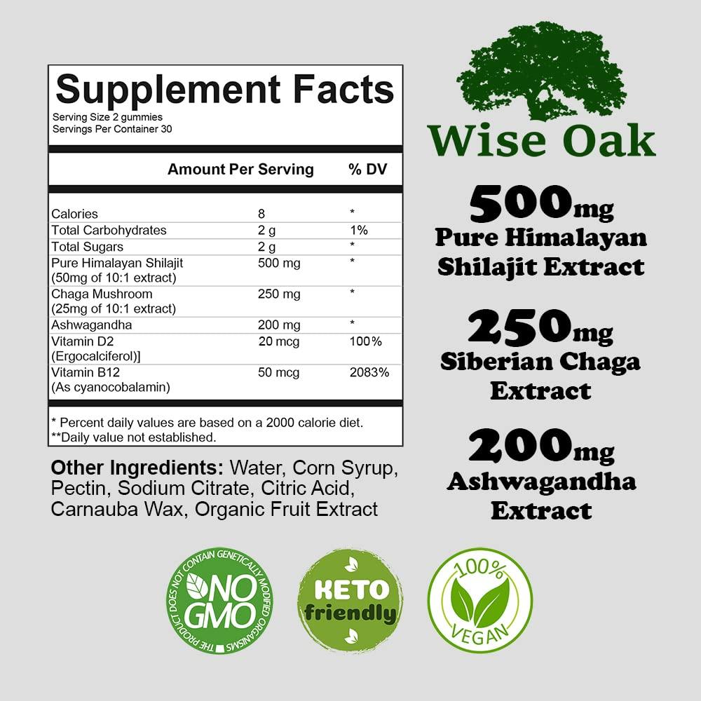 Centinela Health Company Wise Oak Shilajit Gummies 500mg with Chaga Ashwagandha B12 and D2 Vitamins - Black Cherry Flavored Naturally Vegan Ayurveda Humic Fulvic Acid and Trace Minerals - Pure Himalayan Shilajit Supplement