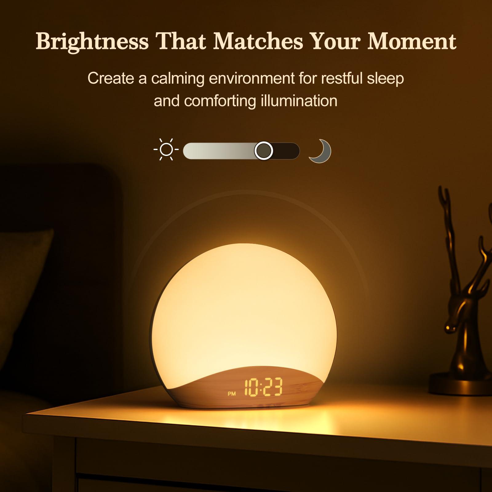 REACHER REACHER Wood Grain Sunrise Alarm Clock and Sound Machine Nightlight, Digital Dimmable Clock for Bedroom, 26 Sleep Sounds, White Noise Machine for Baby, Adults, Wake Up Light Alarm Clock for Kids