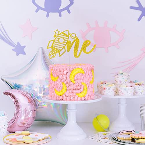 Festus Space One Cake Topper, Outer Space Theme 1st Birthday Party Decoration, First Trip Around the Sun Cake Topper, Space Party Galaxy Theme Cake Smash Sign for Kids