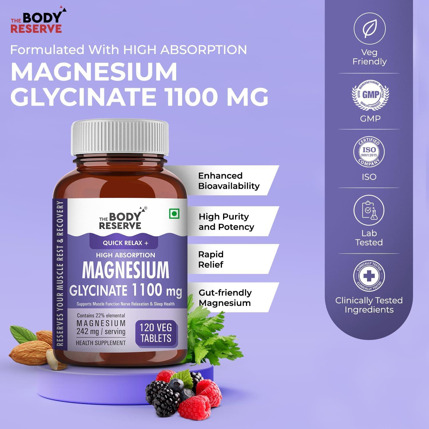 NineLife Basics Magnesium Glycinate Supplement - 120 Veg Tablets, 1100mg Per Serving, High Absorption Chelated Form - Supports Muscle & Nerve Health, Promotes Relaxation for Men & Women