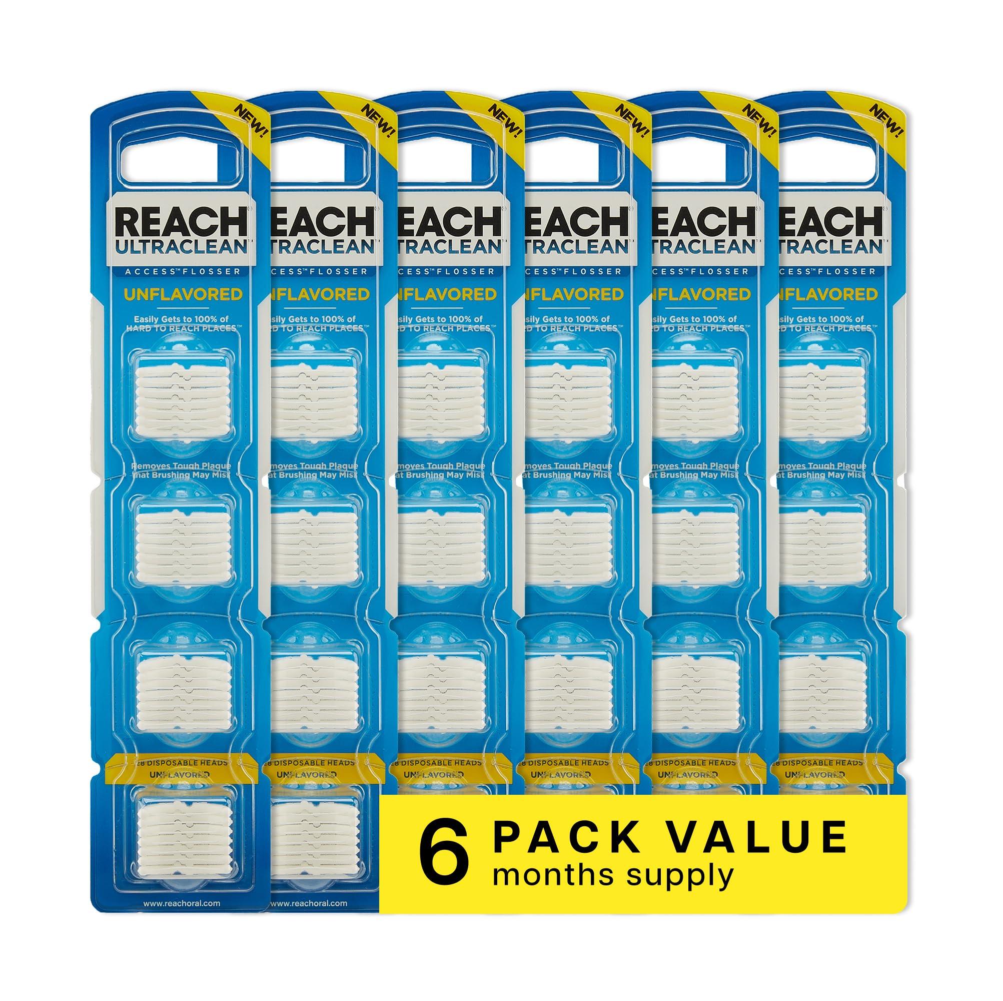 Reach REACH Ultraclean Access Flosser Refill Heads, Unflavored, Plaque Remover for Teeth, Shred Resistant, for Hard to Reach Areas, Oral Care, PFAS Free, for Adults & Kids, 6 Pack, 28 Count