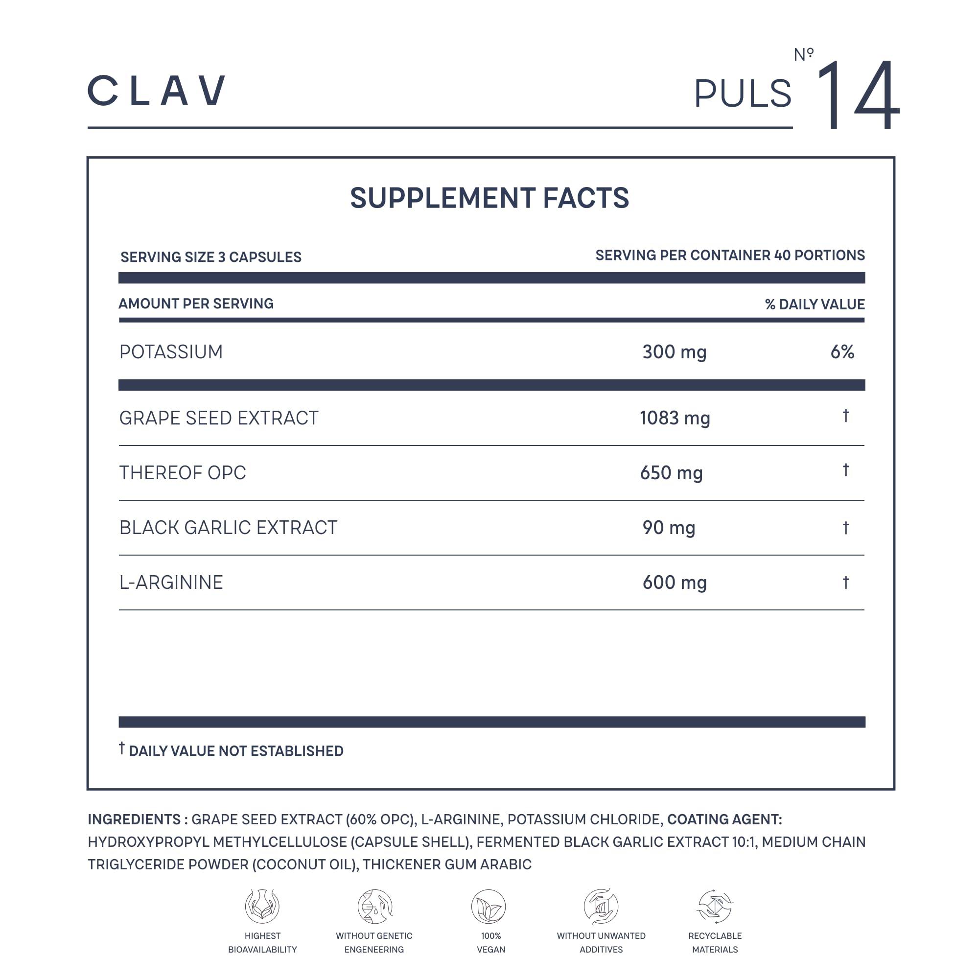 CLAV CLAV Premium Blood Pressure Support Supplement with Grape Seed Extract, L-Arginine, Black Garlic Extract & Potassium - 120 Capsules