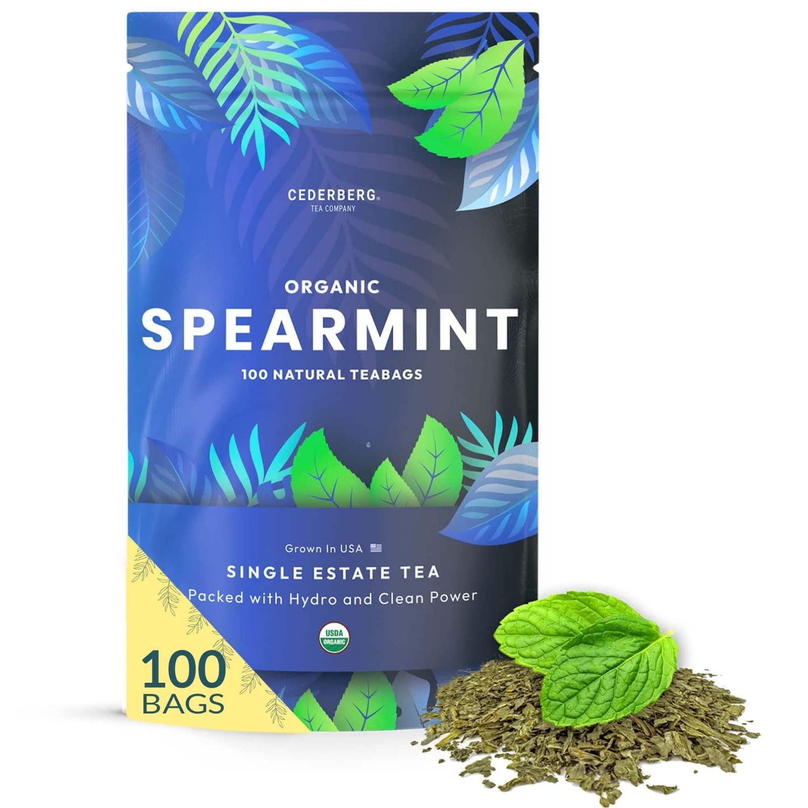 Cederberg Tea Company Organic Spearmint Herbal Tea 100 Tea Bags | Grown in USA | Eco-Friendly Tea Bags | Non-GMO Caffeine Free Tea | Cederberg Tea Company