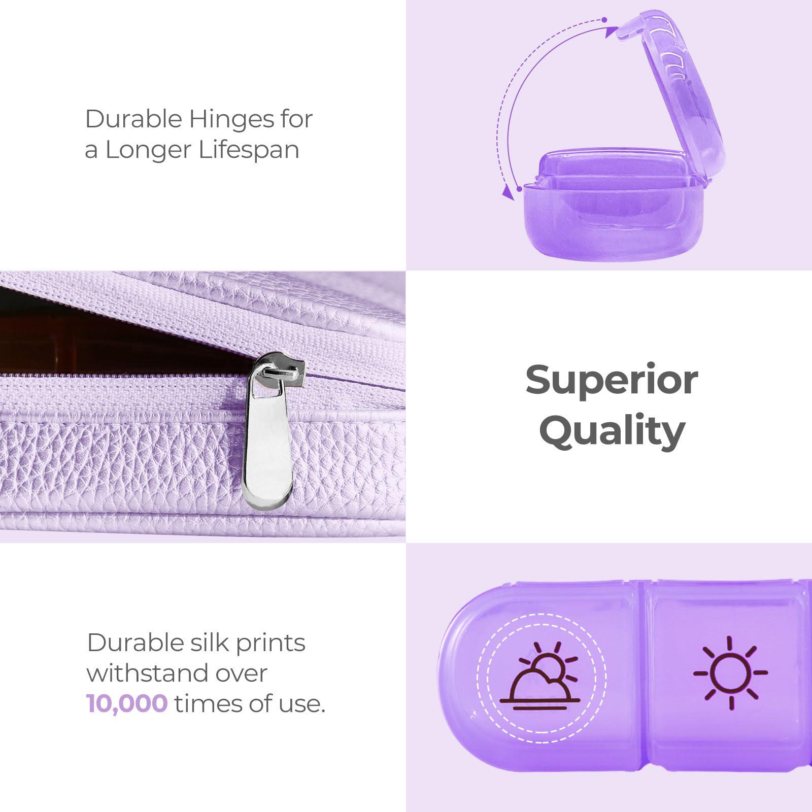 AMOOS AMOOS Cute Pill Organizer 3 Times a Day, Large Daily Pill Case for Women, Portable Pill Box 7 Day for Purse with Bag & Zipper to Hold Vitamins, Medications, Fish Oils, Supplements (Purple)