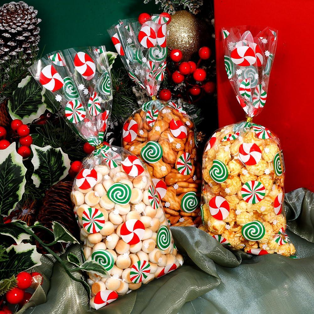 Luktastic Christmas Treat Bags, Christmas Cellophane Bags, 100Pcs Christmas Candy Bags, Cellophane Treat Bags with Twist Ties, Cellophane Gift Bags Cookie Bags Goodie Bags for Xmas Holiday Party Favors Supplies