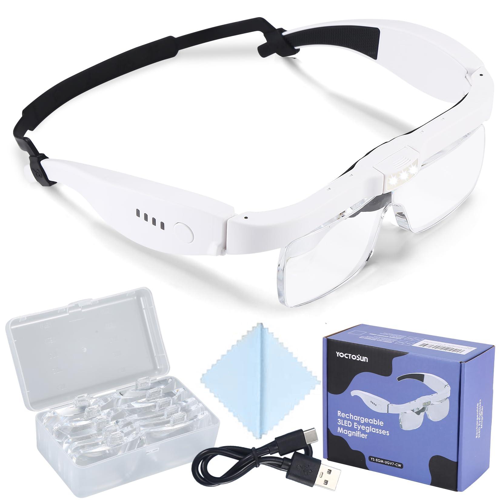 YOCTOSUN YOCTOSUN Head Magnifier Glasses with 3 LED Lights and Detachable Lenses 0.75X, 1.25X,2.0X, 3.0X and 4.0X, USB Charging Eyeglasses Magnifier, Magnifying Glasses with Light for Close Work Hobby Crafts