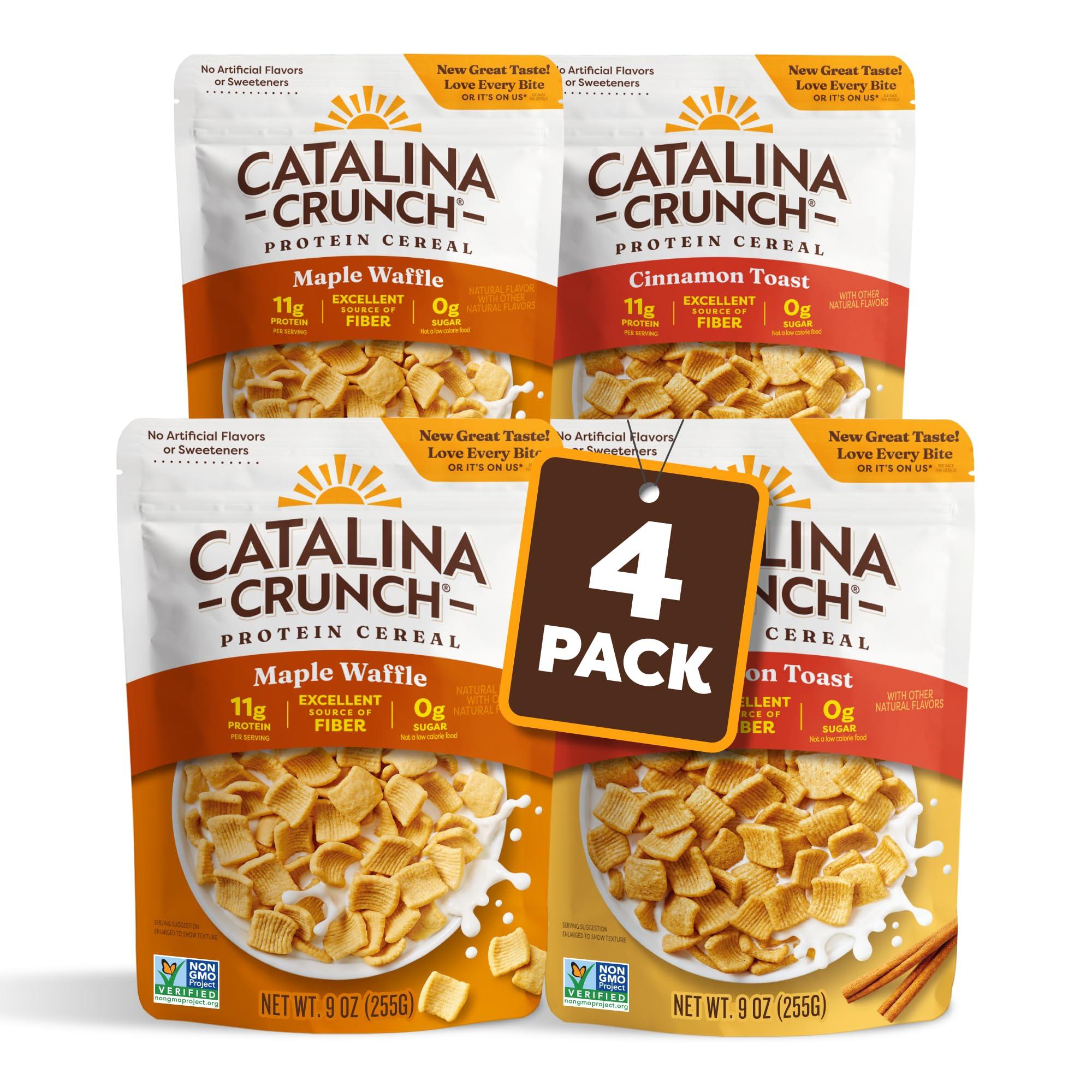 Catalina Crunch Catalina Crunch High Fiber Cereal Variety Pack Cinnamon Toast & Maple Waffle, 2 Flavors - 4 bags | Low Carb, Zero Sugar, Gluten Free | Vegan Protein Snacks | Breakfast Protein Cereal | Keto Friendly Foods
