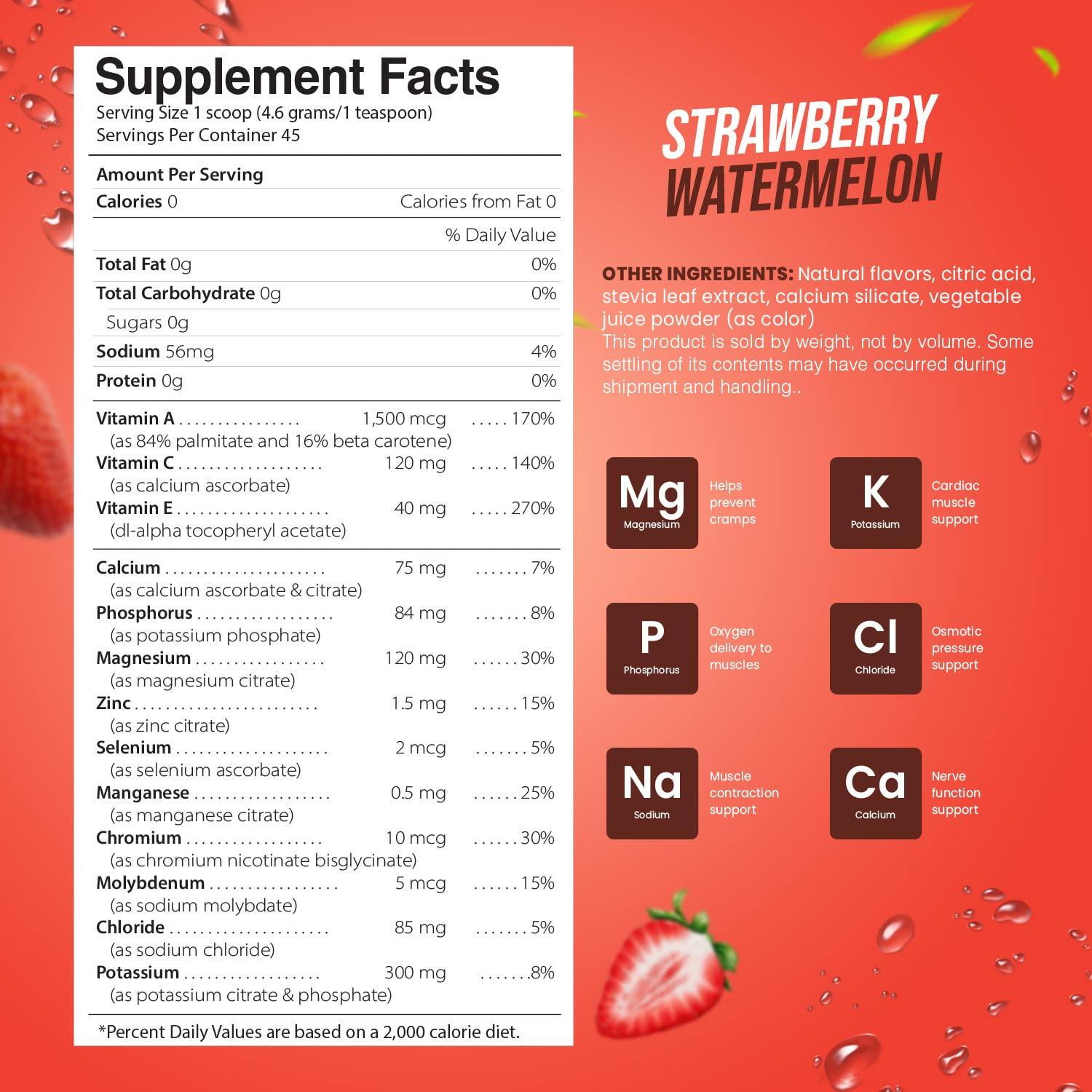 Pride Naturals Inc Electrolyte Powder - Refreshing Workout Recovery Electrolytes, Sugar Free, Gluten Free & Vegan, Pure Keto & Paleo Hydration Beverage, Immune Boosting Vitamins (198 Grams, Strawberry Watermelon)