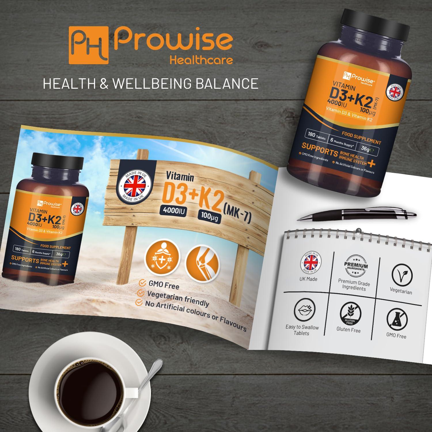 PH PROWISE Healthcare Vitamin D3 4000IU & K2 MK7 100g Vegetarian Tablets I 180 (6 Months Supply) I Easy to Swallow Supplement for Immune Support, Calcium Boost, Bone & Muscle I Made in The UK by Prowise Healthcare