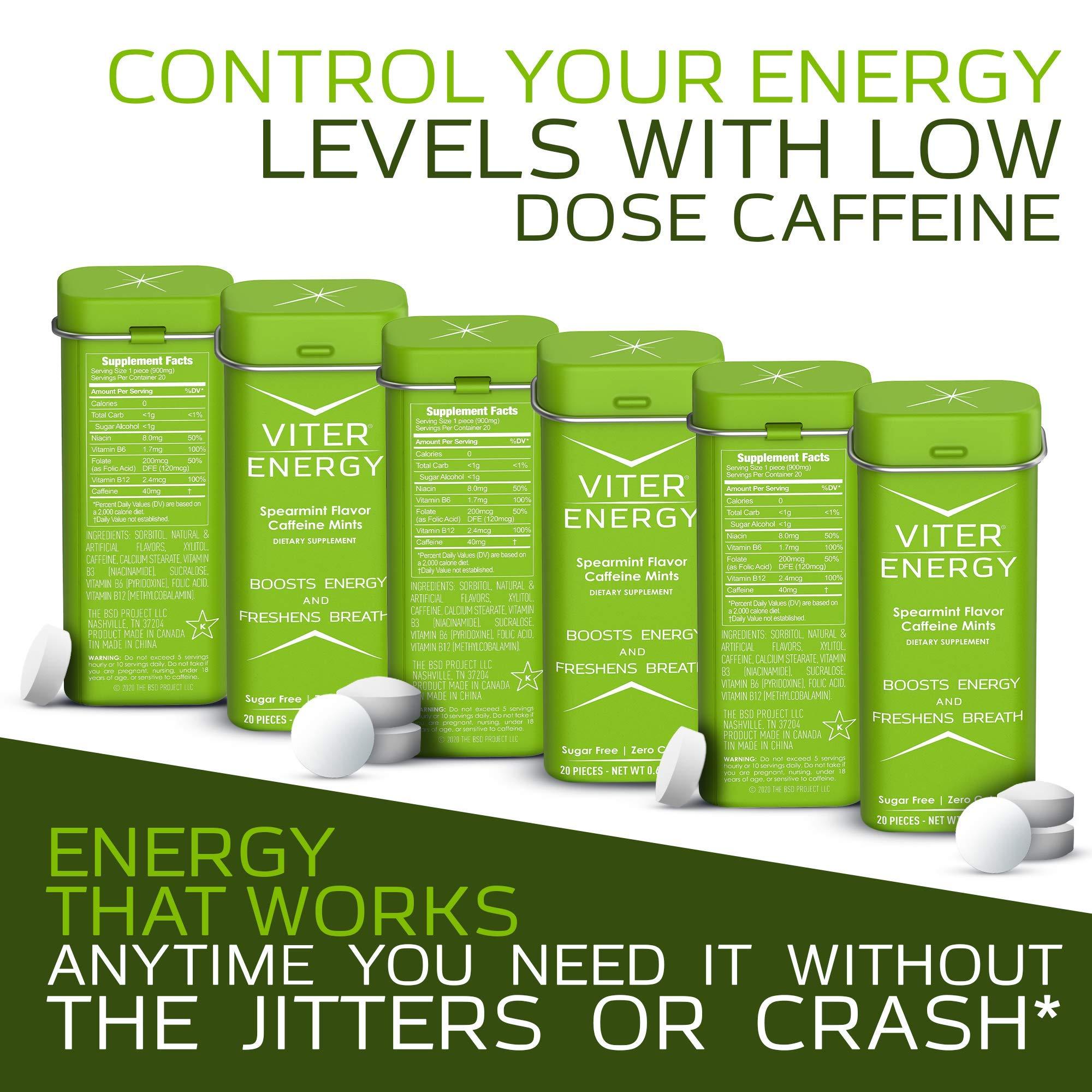 Viter Energy Viter Energy Caffeine Mints (120 Pieces) - 40mg Caffeine, Sugar Free, Vegan Breath Mints, B Vitamin Complex, Energy Caffeine Pills (Spearmint, 6 Pack)