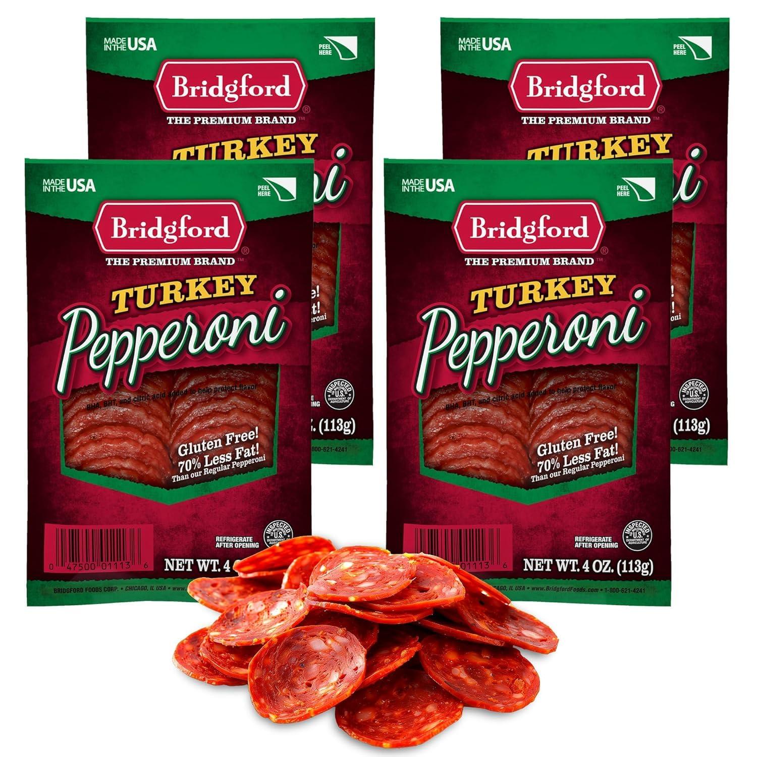 Bridgford Bridgford Sliced Turkey Pepperoni 4 oz Pack of 4 - Pepperoni Slices for Pizza and Sandwiches - Naturally Smoked Turkey Pepperoni for Low-Carb Keto Diets - Healthy Pepperoni Alternative for Snacking
