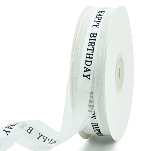 TONIFUL TONIFUL Happy Birthday Ribbon 1 Inch White Satin Silk Ribbons for Gift Wrapping 50 Yards Chiffon Organza Ribbon for Birthday Party Supplies Bouquet Wrapping Cake Box Wrapping Decoration