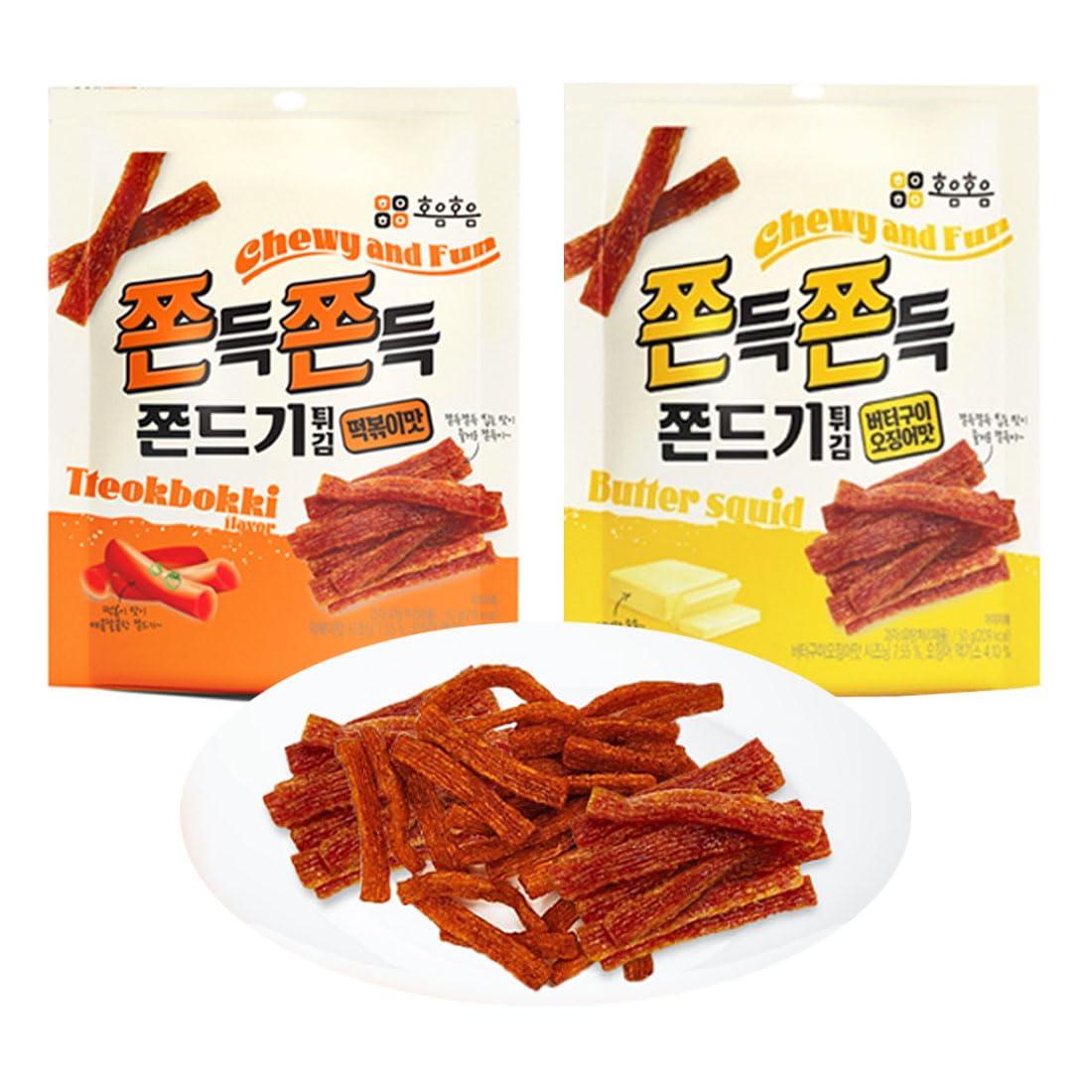 MENBLY Jjondigi Korean Old School Snack Jjondgi 2 Pack Set (Tteokbokki/Butter squid/Spicy Buldak) (Butter-Grilled Squid Flavor)